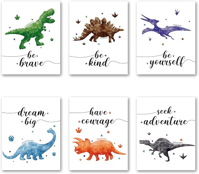 WERNNSAI Watercolor Dinosaur Wall Art Print - Set of 6 Dinosaur Inspirational Quote Wall Art For Boys Kids Bedroom Playroom Nursery Decor Dino Posters Unframed Pictures 20cm x 25cm