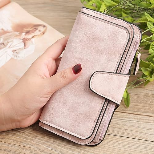 Miniatura 2 de Cartera de cuero para mujer, diseño con bloqueo de tarjeta, triple pliegue, con tarjetero para tarjetas de identificación, bolsa de gran capacidad