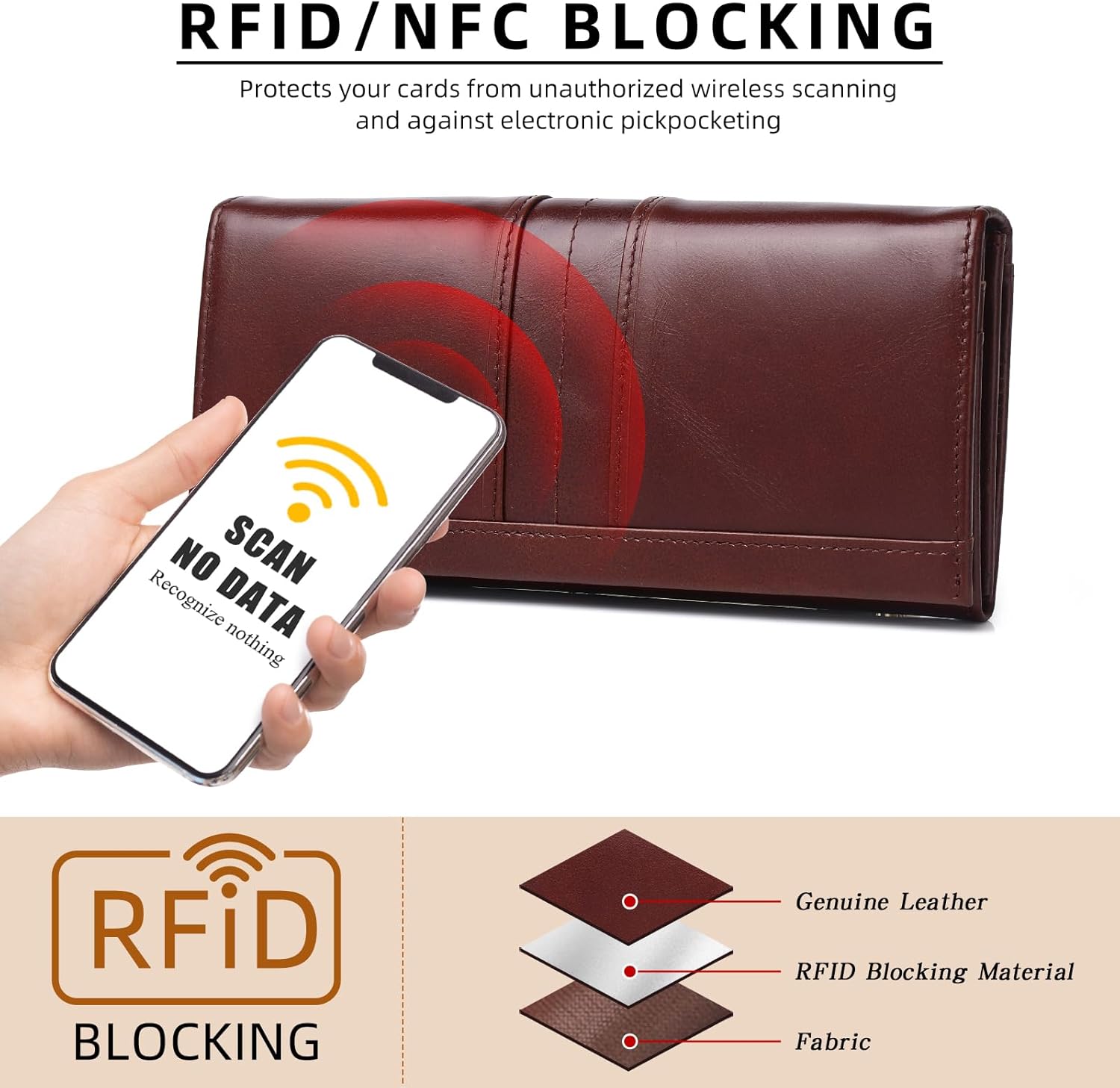 RFID Blocking Wallets for Women Leather Long Ladies Wallet Bifold Womens Wallet with Coin Pocket ID Window,Coffee - Image 3