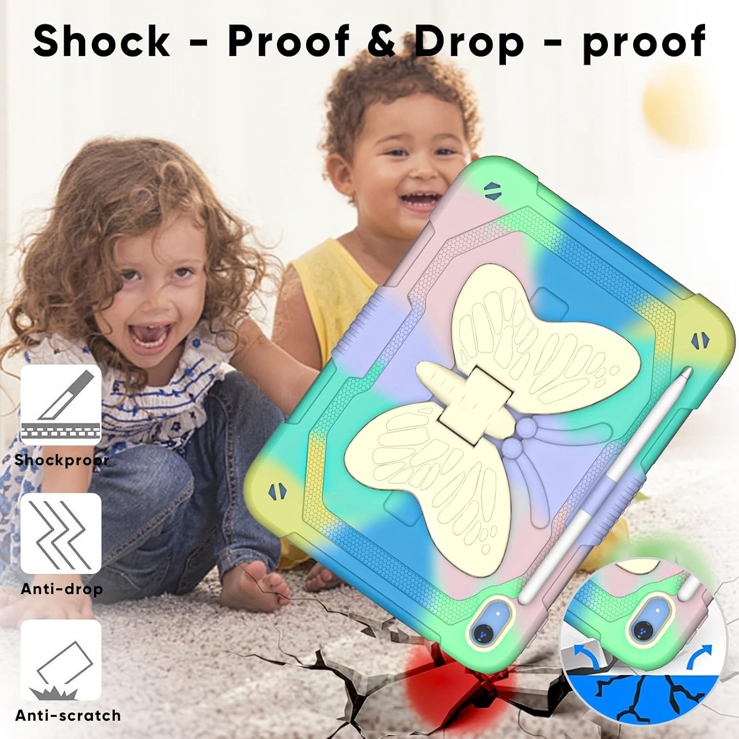 Dteck iPad A16/10th Generation 2025/2022 Case with Kickstand Butterfly Wings Pencil Holder, Heavy Duty Hard Rugged Protective Kids Girls Cover for iPad 10th Gen 10.9 Inch 2022,Colorful/Green