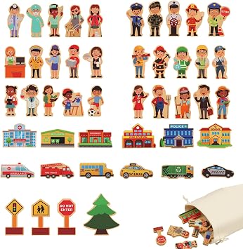 Wooden Community Helper Toys,46 Pcs Set Building Bricks for Toddler