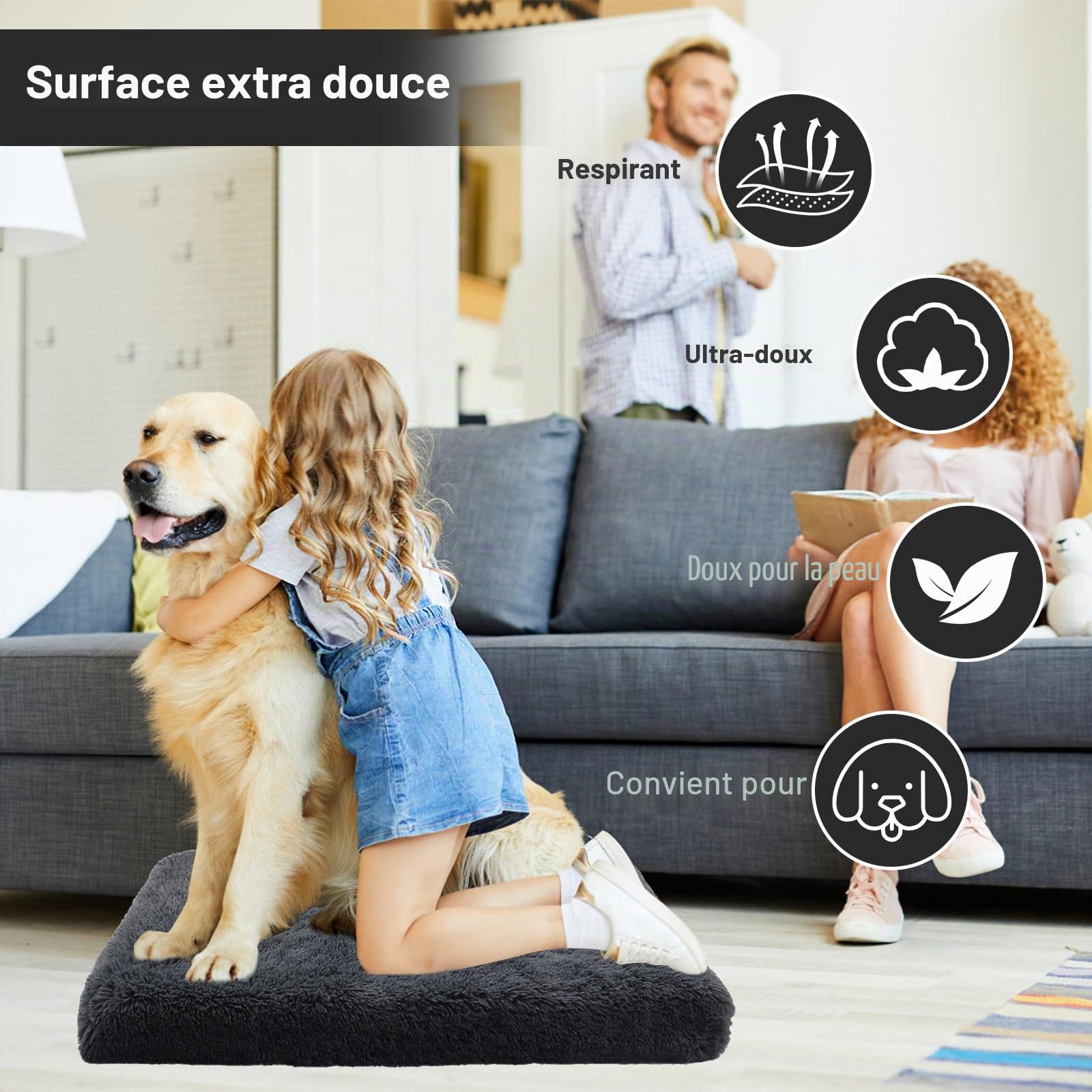 Panier Chien Grande Taille, 100x60x8cm, Tapis Chien, Rembourrage Moelleux, Lit pour Animaux, Coussin Lavable, Tissu Peluche Doux, Base antidérapante, Gris Foncé