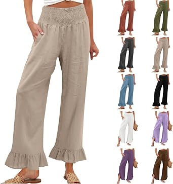 Women Linen Pants Summer Ruffle Wide Leg Palazzo Pants Dressy Smocked Waist Wide Leg Pant Boho Flowy 2026 Beach Pant