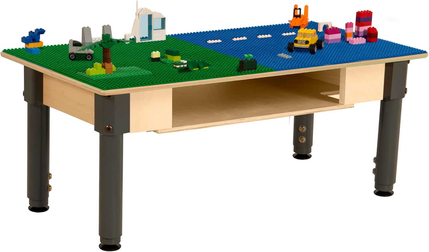 Wood Designs Time-2-Play Montessori Kids Play Table, Blue & Green Reactangular Activity Table with Storage for Toddlers Compatible with Lego Building Blocks [12”-17” Adjustable Legs]