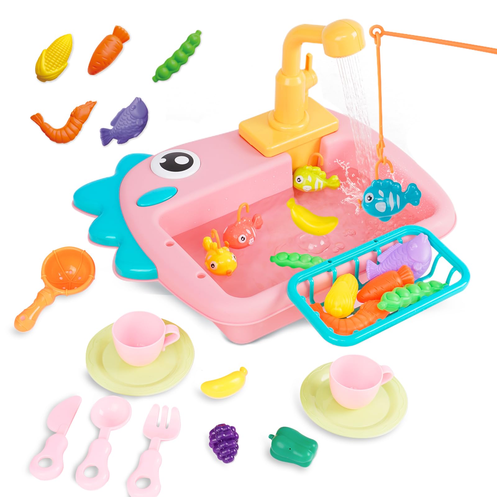 Lot de 23 jouets d'évier de cuisine avec eau courante - Lave-vaisselle avec système de cycle d'eau automatique - Ensemble de jeu Prentend pour enfants de 3, 4, 5, 6, 7, 8 Lot de 23 jouets d'évier de cuisine avec eau courante - Lave-vaisselle avec système de cycle d'eau automatique - Ensemble de jeu Prentend pour enfants de 3, 4, 5, 6, 7, 8