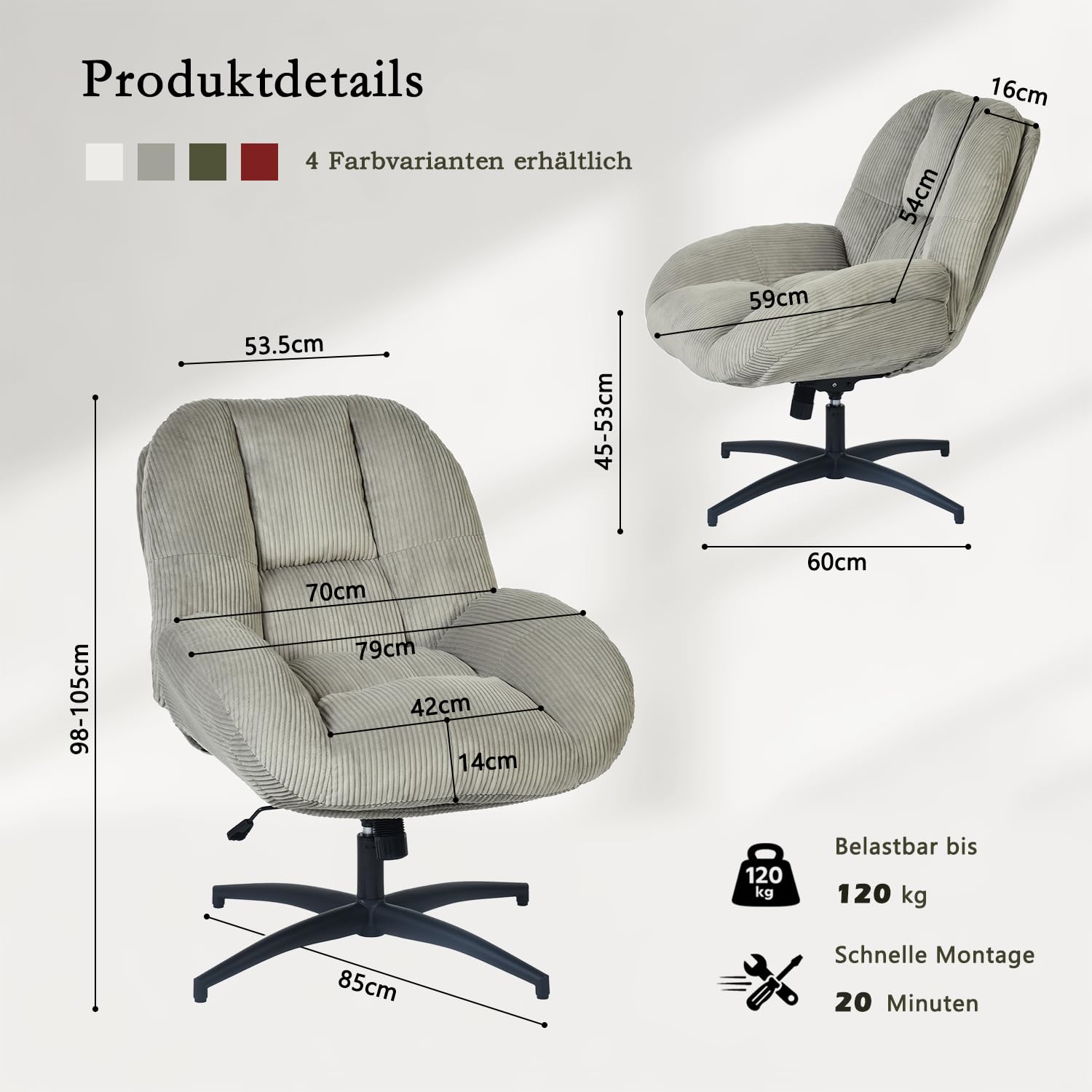 MEUBLE Cosy Sessel Drehbar Loungesessel mit Höhenverstellbar Wippfunktion Lehnstühle Relaxsessel Polsterstuhl für Schlafzimmer Wohnzimmer, Cordstoff, Grau