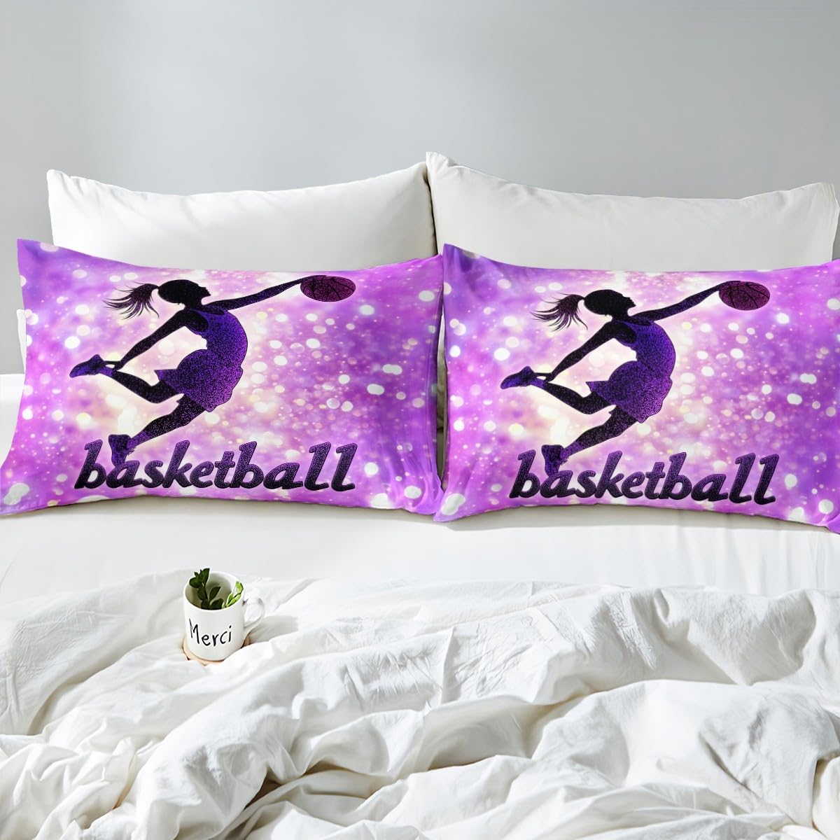 jejeloiu Basketball Fitted Sheet Twin Size Kids Sports Game Bedding Set for Boys Girls Teens Bright Purple Bed Sheet Set