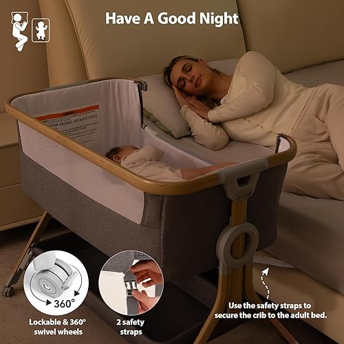 Miniatura 5 de Larex Cuna para bebé con mosquitera, bolsa de almacenamiento y canasta, 5 alturas ajustables, ruedas móviles, colchón transpirable y malla