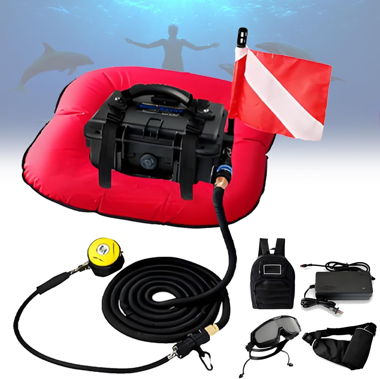 Scuba Diving Ventilator System, Rechargeable Scuba Tankless Diving System, Scuba Diving Respirators, Waterproof and Impact-Resistant, Long-Lasting 70-Minute, for Diving and Fishing. Red-1Battery