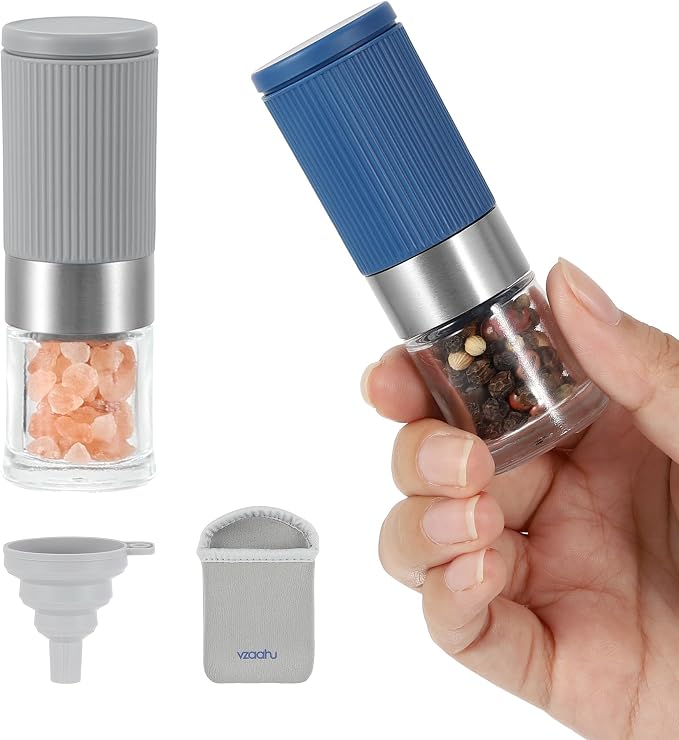 vzaahu Mini Salt and Pepper Grinder Set, Travel, Blue Gray