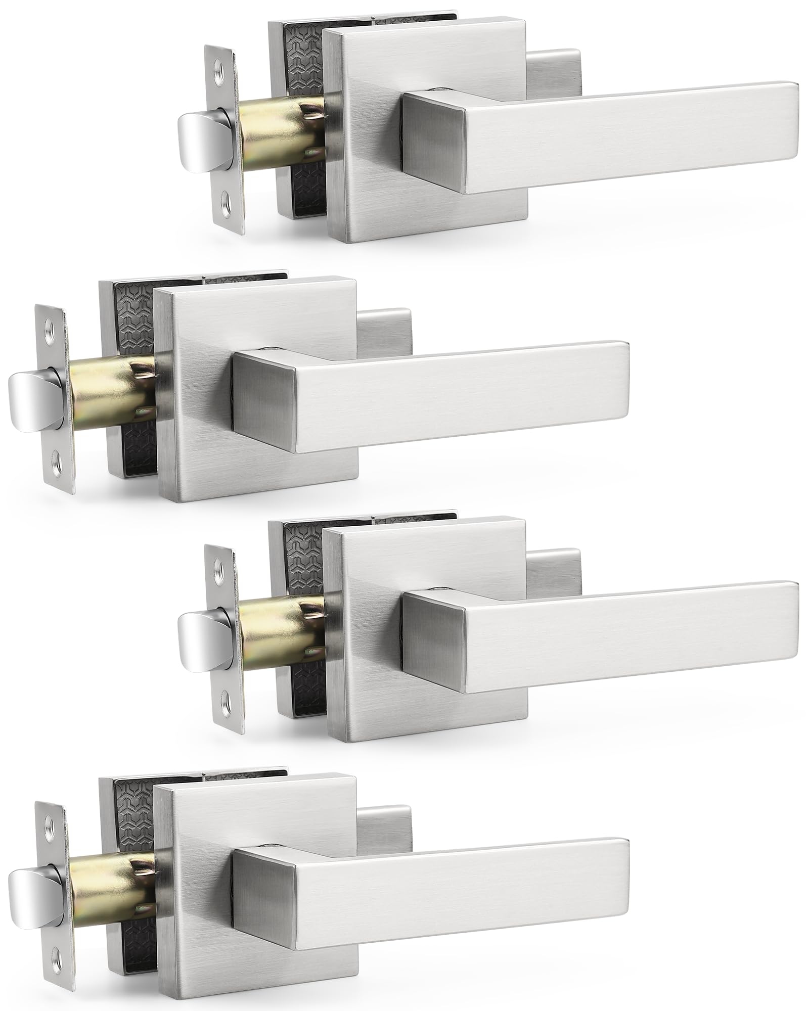 Probrico 4 Pack Square Door Lever Door Lock Handle Lockset Keyless Doorknobs Passage Knobs Lockset Interior Hallway Passage Closet in Satin Nickel