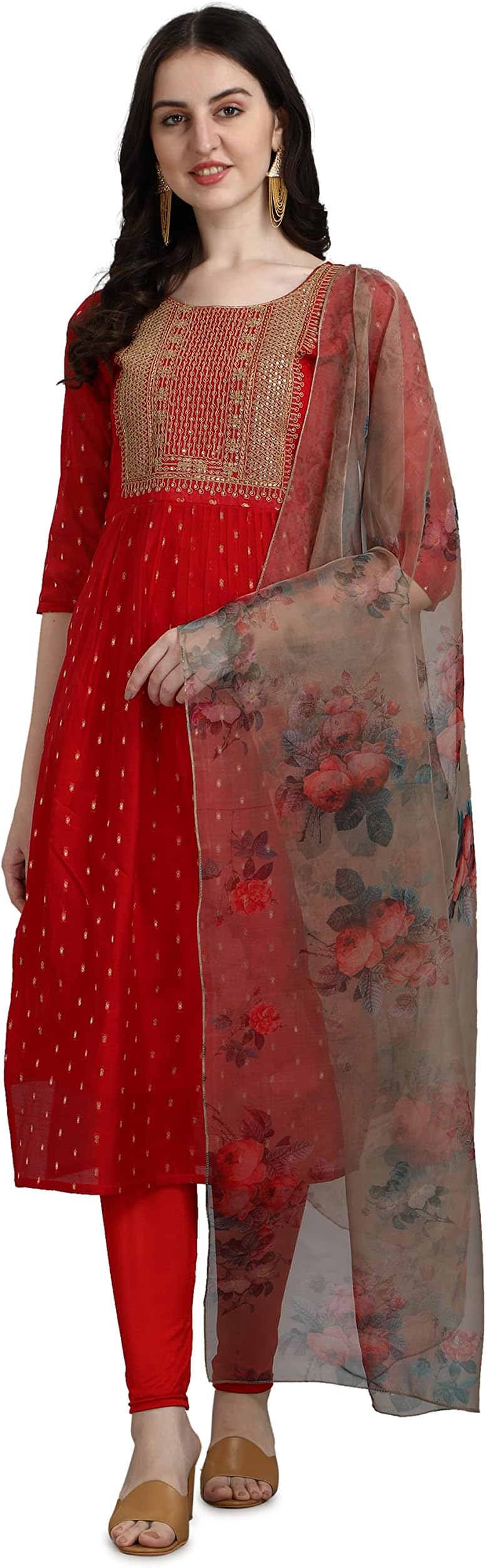 VredeVogel Women's Chanderi Modal Butti Kurta with Stretchable Leggings & Organza Dupatta Set