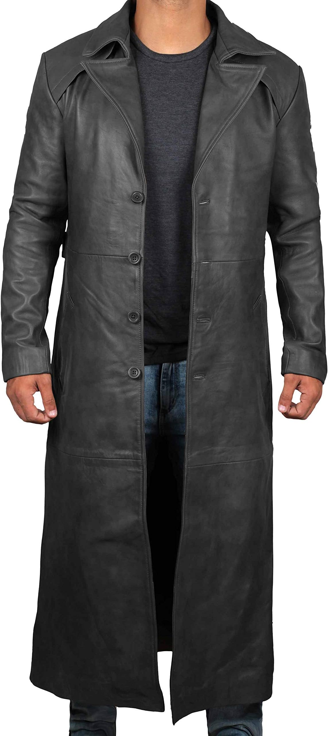 BlingsoulBrown Winter Trench Coat Men - Distressed Black Real Leather Long Overcoat