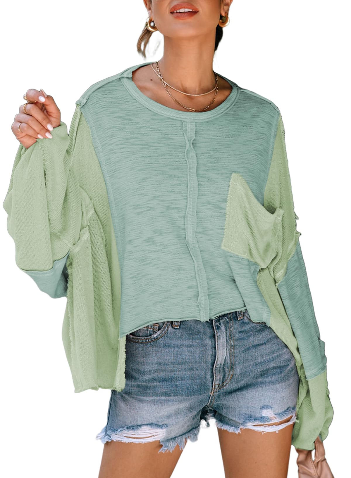 Women's Exposed Seam Chest Pocket Loose Sleeve Oversized Tunic Top Casual Solid Patchwork Long Sleeve Blouse Large Green
