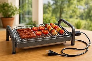Churrasqueira Elétrica de Mesa 110 V Gourmet Grill Portátil 1600W com Grelha e Bandeja Coletora Preta – Ideal para Churrasco Interno, Prática, Compacta e Fácil de Usar