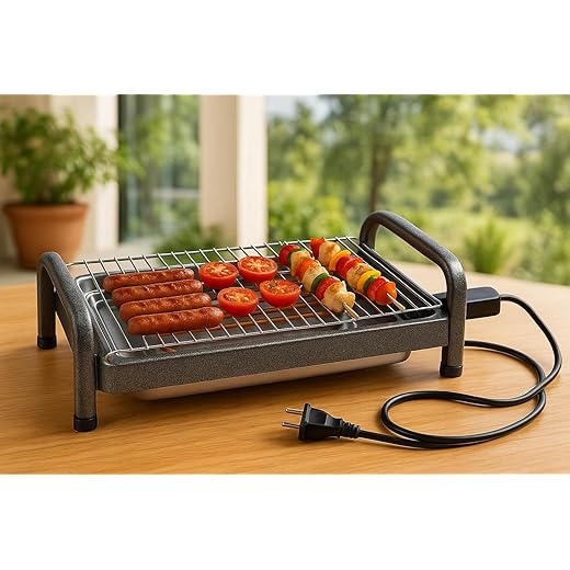 Churrasqueira Elétrica de Mesa 110 V Gourmet Grill Portátil 1600W com Grelha e Bandeja Coletora Preta – Ideal para Churrasco Interno, Prática, Compacta e Fácil de Usar
