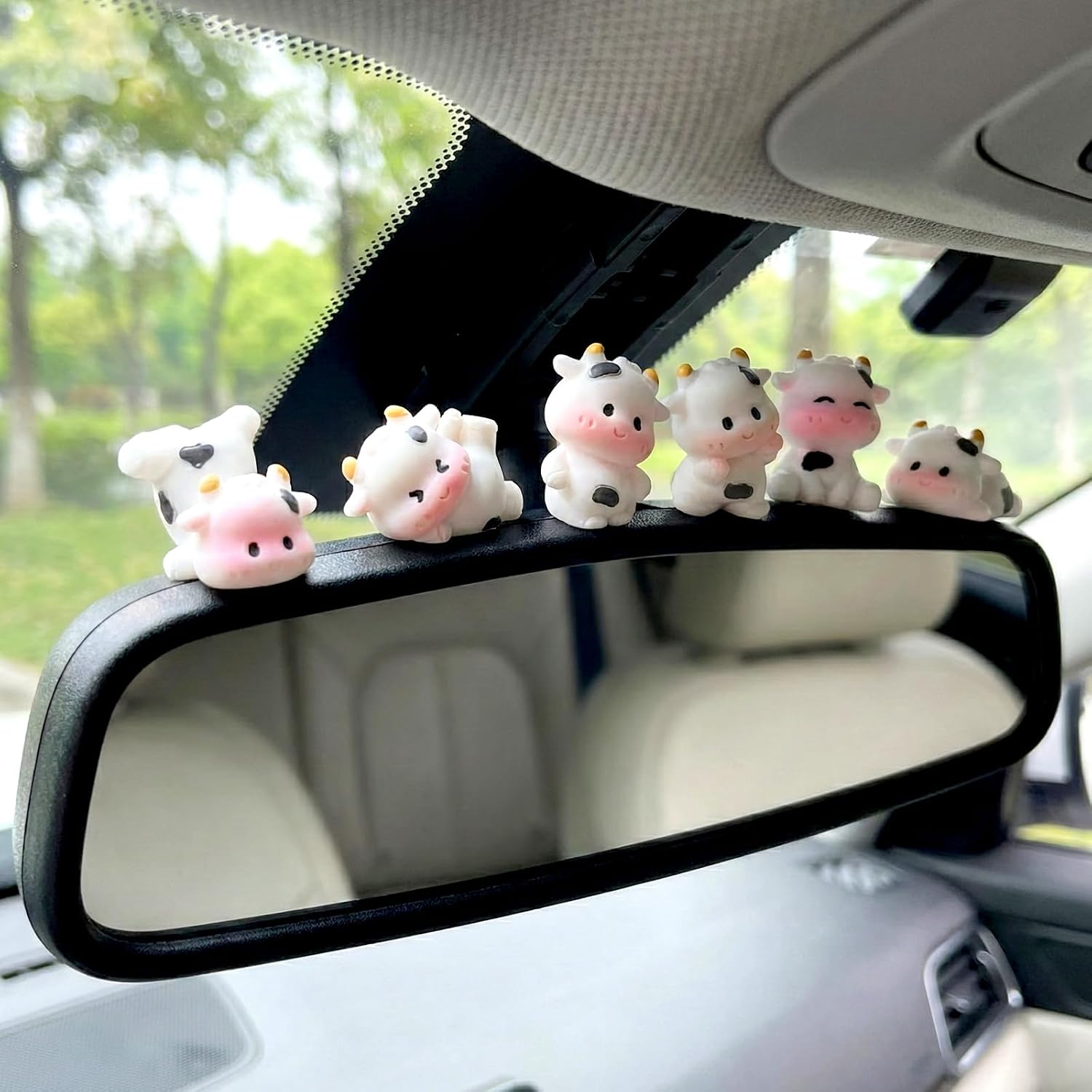 Cow Print Car Dashboard Decorations –Mini Resin Animal Cute Car Decor, Cow Pattern Car Interior Accessories, Console & Rear View Mirror Ornaments, Gift for Women & Girls (6, White)