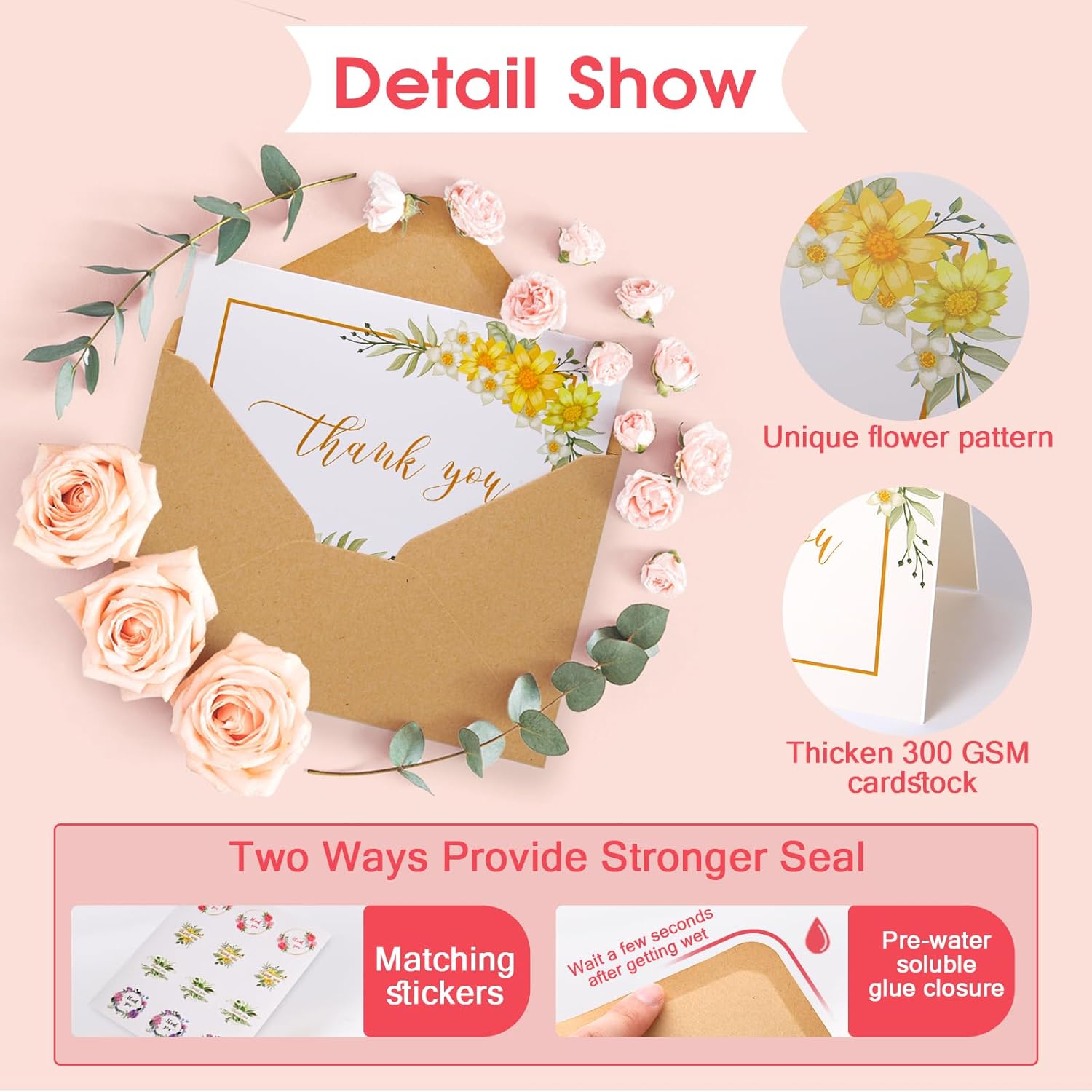 100 Pack Sunflower Thank You Cards Bulk, 4.1x5.8 Inch Thank You Cards with Kraft Envelopes & 120 Stickers, Blank Greeting Notes Set for Wedding, Bridal Shower, Baby Shower (Yellow)