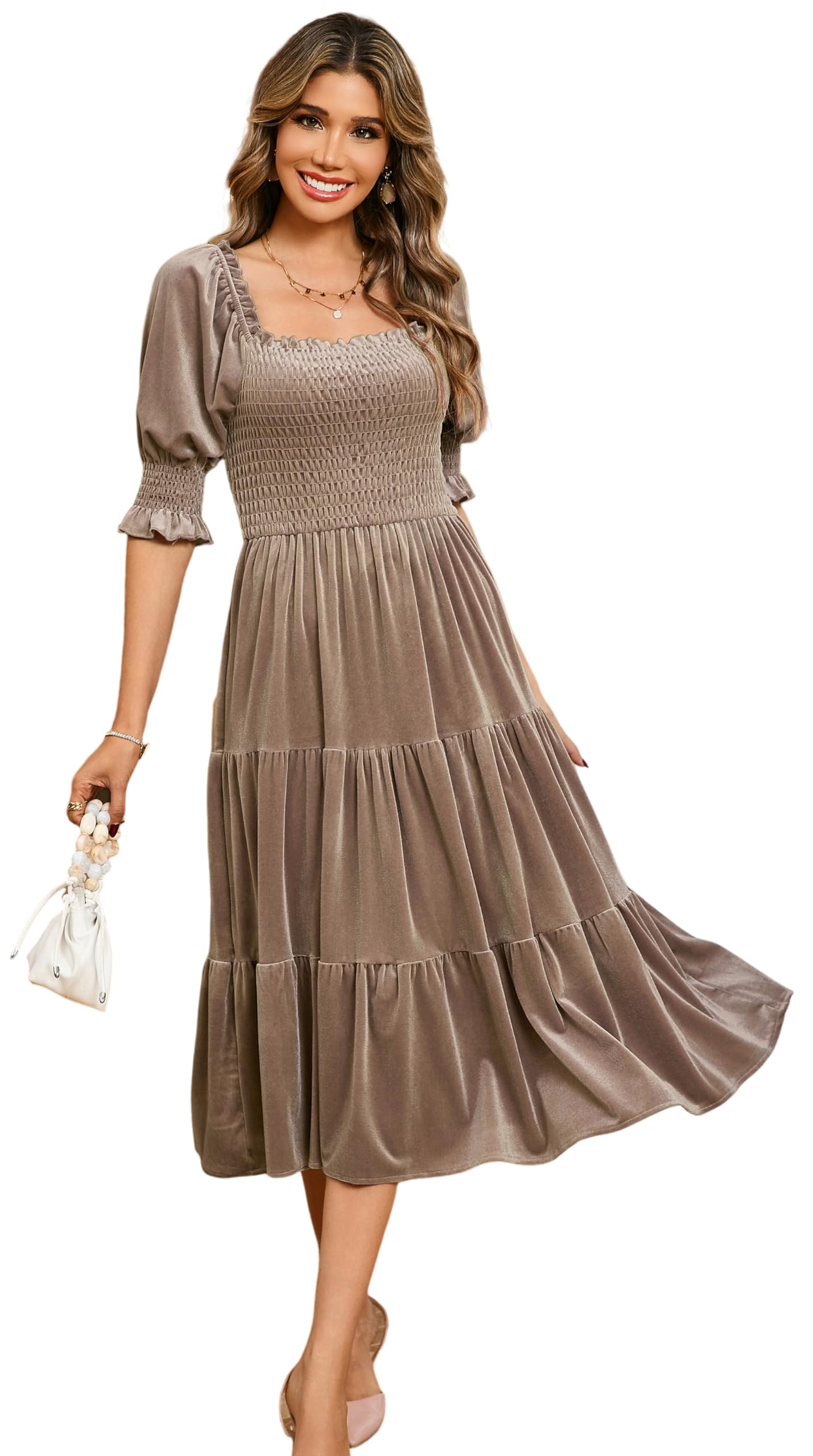 R.Vivimos Automne Hiver Femme Robe Velours Col Carré Manches Bouffantes Robe Midi Smock Une Ligne Volants Robe Longue