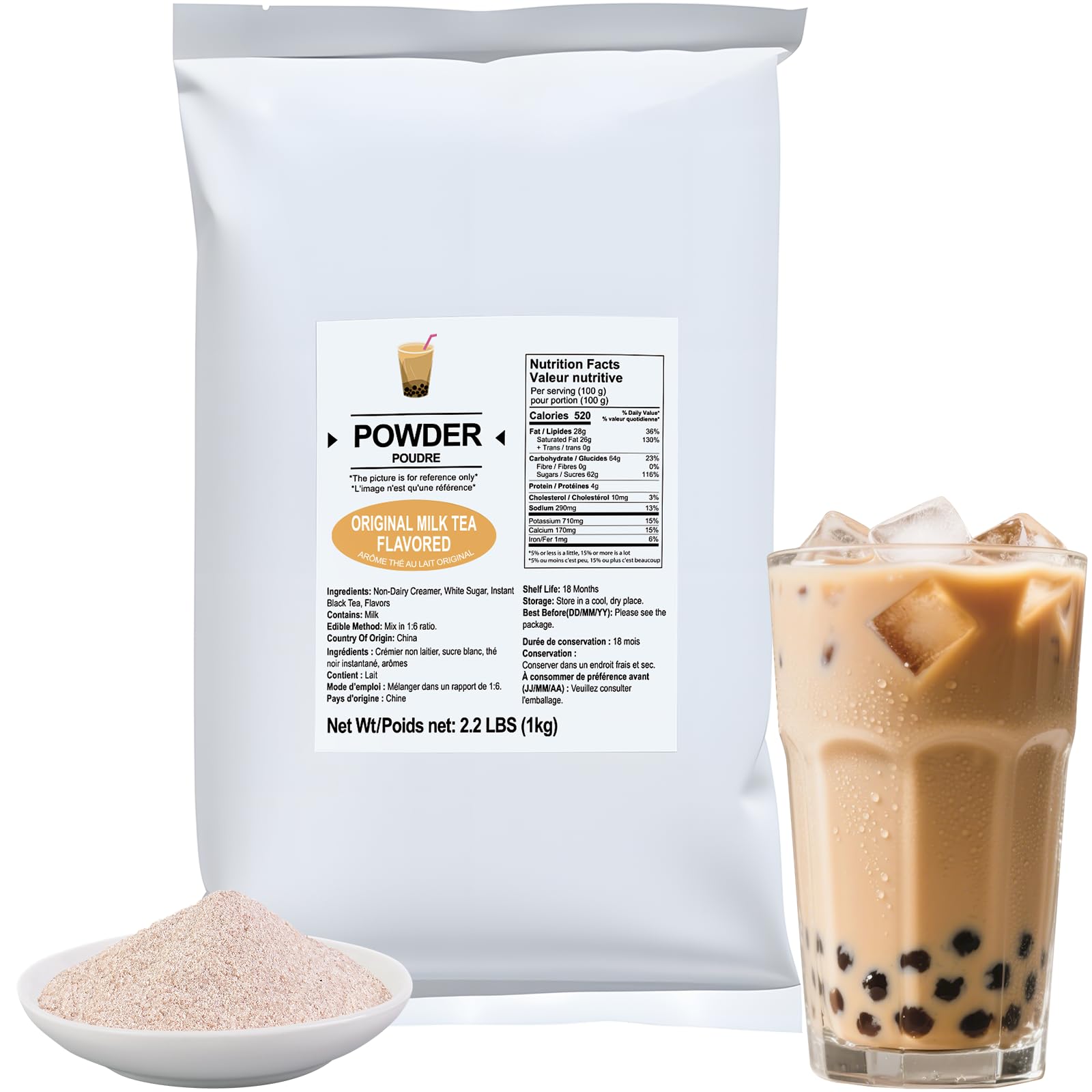 Soeos Milk Tea Flavored Powder (3-in-1), 2.2 lbs (1kg) – Instant Bubble Tea Mix with Creamer & Sugar, Easy to Prepare, Perfect for Boba Drinks &