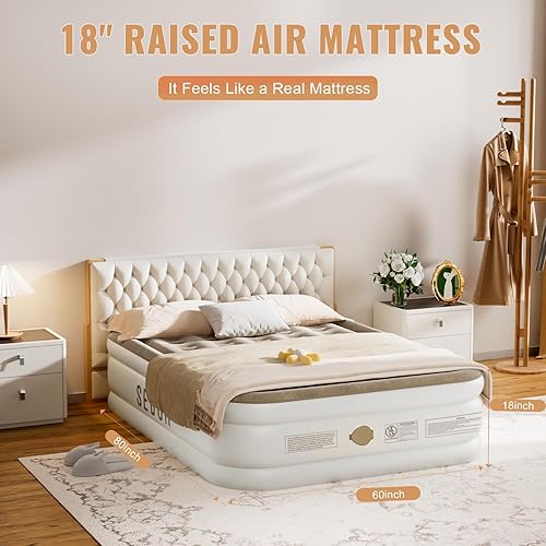 Miniatura 4 de Sebor Colchón de aire Queen con bomba integrada, colchón inflable de 18 pulgadas con bomba recargable, colchón inflable para el hogar, invitados,