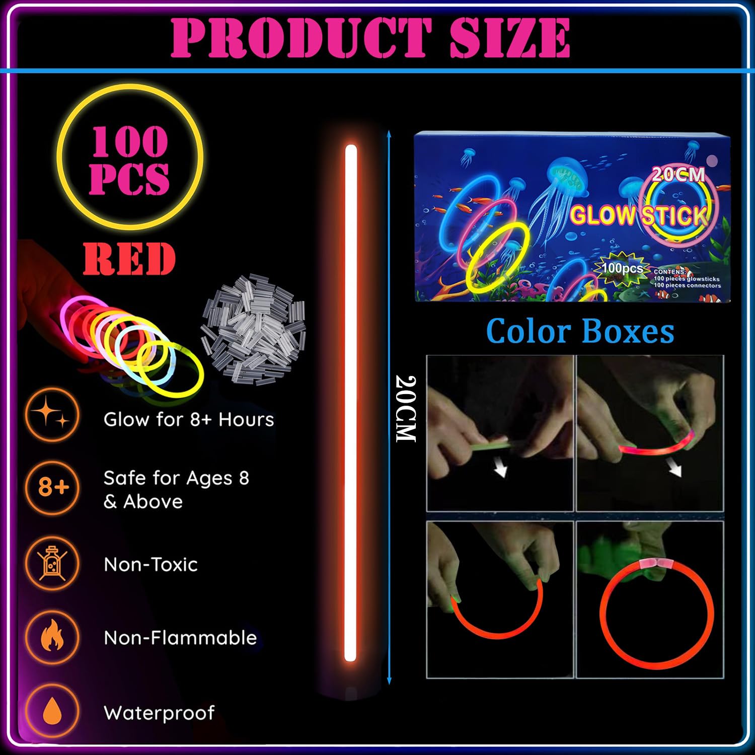 100Pcs Glow Sticks Party Packs with Connectors,20cm Glowsticks,Glow in the Dark Supplies,Long Lasting Glow Stick Necklaces Bracelets Glasses Accessories for Kids Adults Xmas Easter Party Supplies-Red - Image 2
