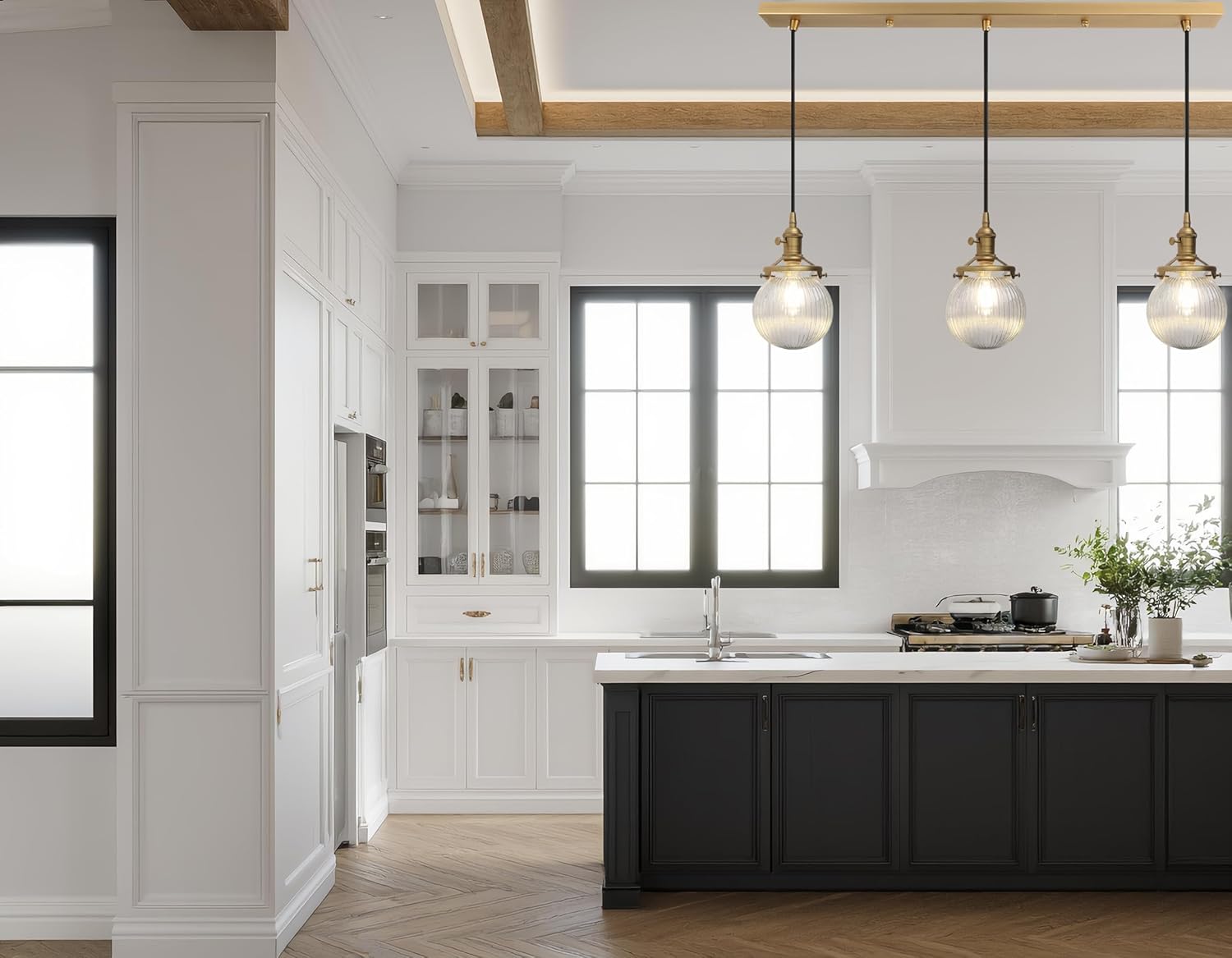 Phansthy Kitchen Island Lighting, 3 Lights Linear Chandeliers, Hanging Light with 5.9" Globe Striped Glass Shade, 3-Light Pendant Light Fixtures for Dining Room Farmhouse (Antique Gold, Long Base)