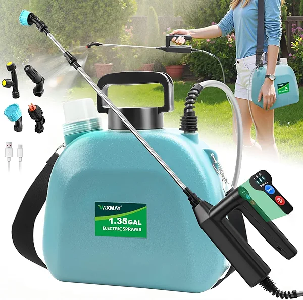 VAXMAY Blue Battery Powered 1.35 Gallon Electric Sprayer, 3 Speeds, 4 Nozzles, Rechargeable, Retractable Wand, Shoulder Strap, Garden Sprayer for Weed Lawn