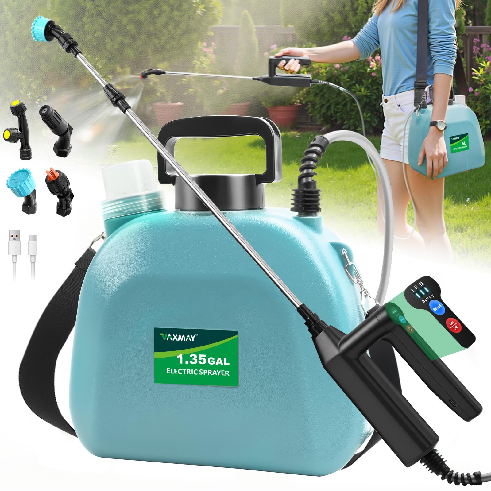Battery Powered Sprayer 1.35 Gallon, 2025 Electric Sprayer with 3 Adjustable Speeds, 4 Mist Nozzles, Rechargeable Handle, Retractable Wand, Garden Sprayer with Adjustable Shoulder Strap for Weed Lawn