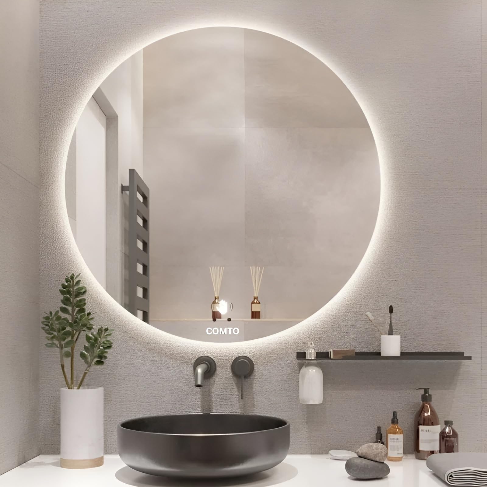 COMTO Round 32inch Led Bathroom Mirror with Hand Wave Sensor & 3 Color Mode (White/Warm/Cool White) Dimmable and Anti-Fog with Rust & Termite Proof Framed Home Decor