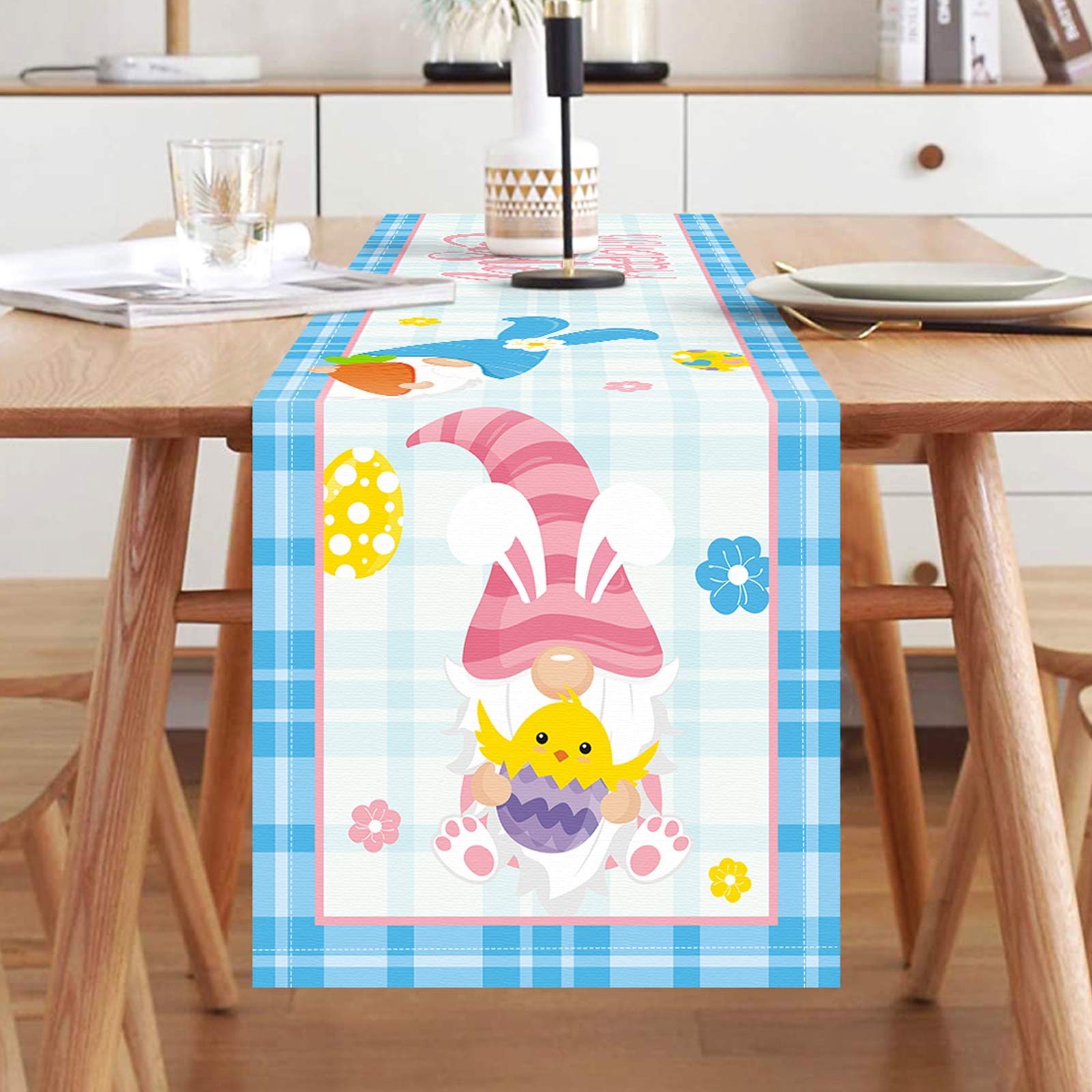 CiyvoLyeen Easter Gnomes Table Runner Bunny Gnomes Table Setting Decor Rabbit Gnome Spring Flowers Farmhouse Home Decor Fabric Decor for Restaurant Kitchen Dining Banquet Party Events