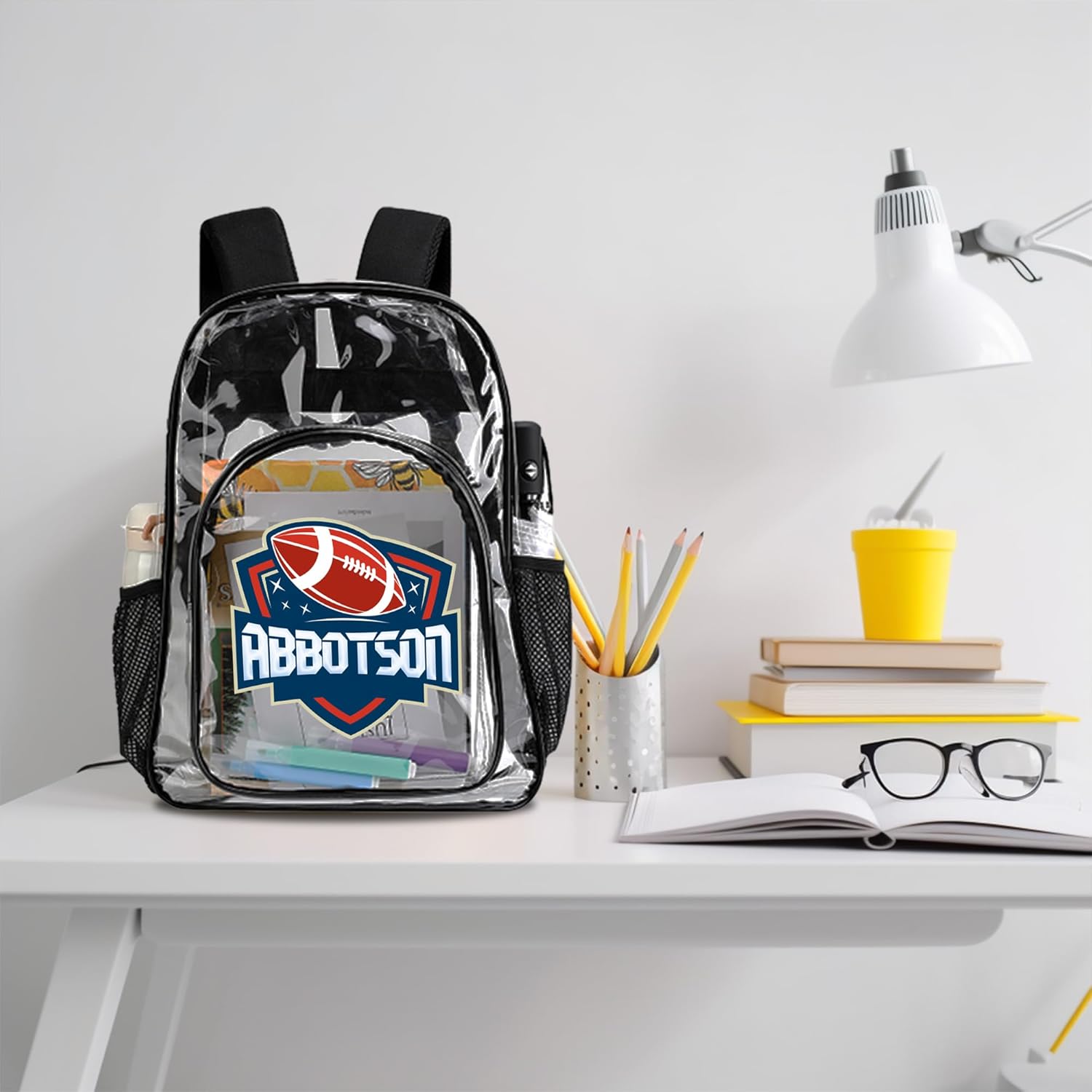 Personalized Football Clear Backpack for Boys Girls, Customized Kid Bookbag with Name, Heavy Duty Transparent Backpack with Reinforced Strap, Back to School Gifts Customized Kids School Bag