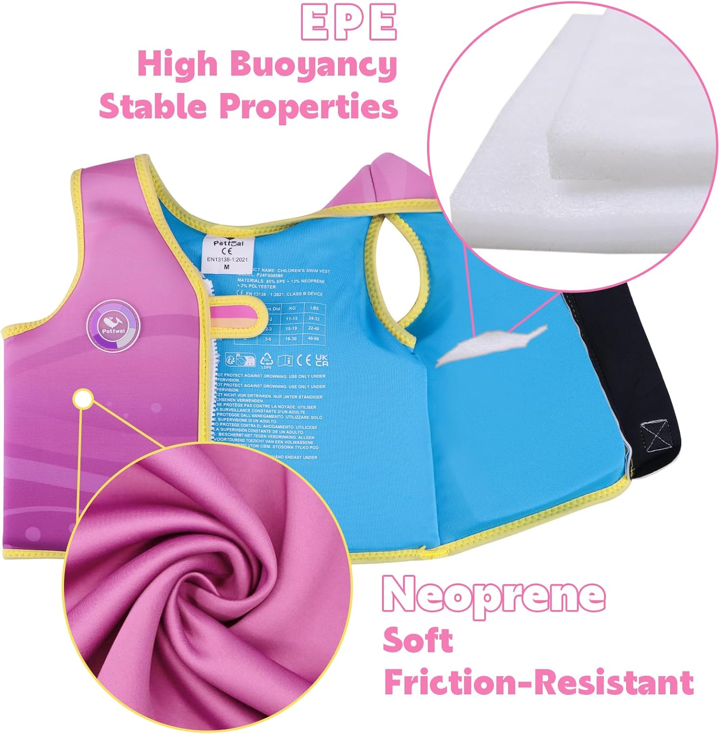 Pottwal Swim Vest for Kids - Swim Jacket - Made of Neoprene & EPE - with Adjustable Crotch Strap