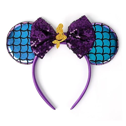 WOVOWOVO Diademas de lazo con orejas de ratón para mujeres y niñas, decoración de Halloween, diademas con purpurina para fiestas de princesa,