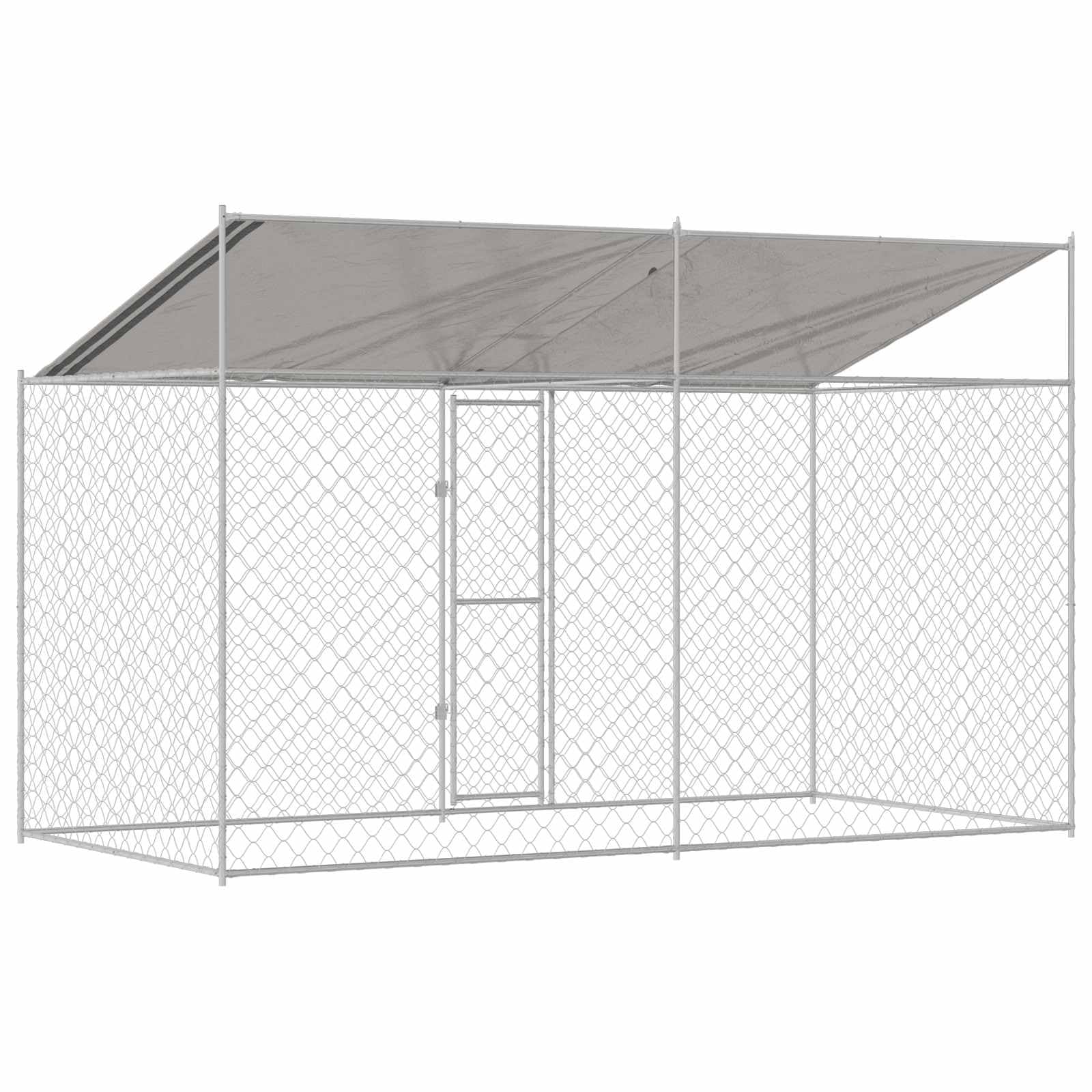 Klatka dla psa z dachem, srebrna, 400 x 200 x 256 cm, wykonana ze stali i PE, odporna na warunki atmosferyczne wybieg dla psów z kratką drucianą, zamykanymi drzwiami, przestronna karma dla