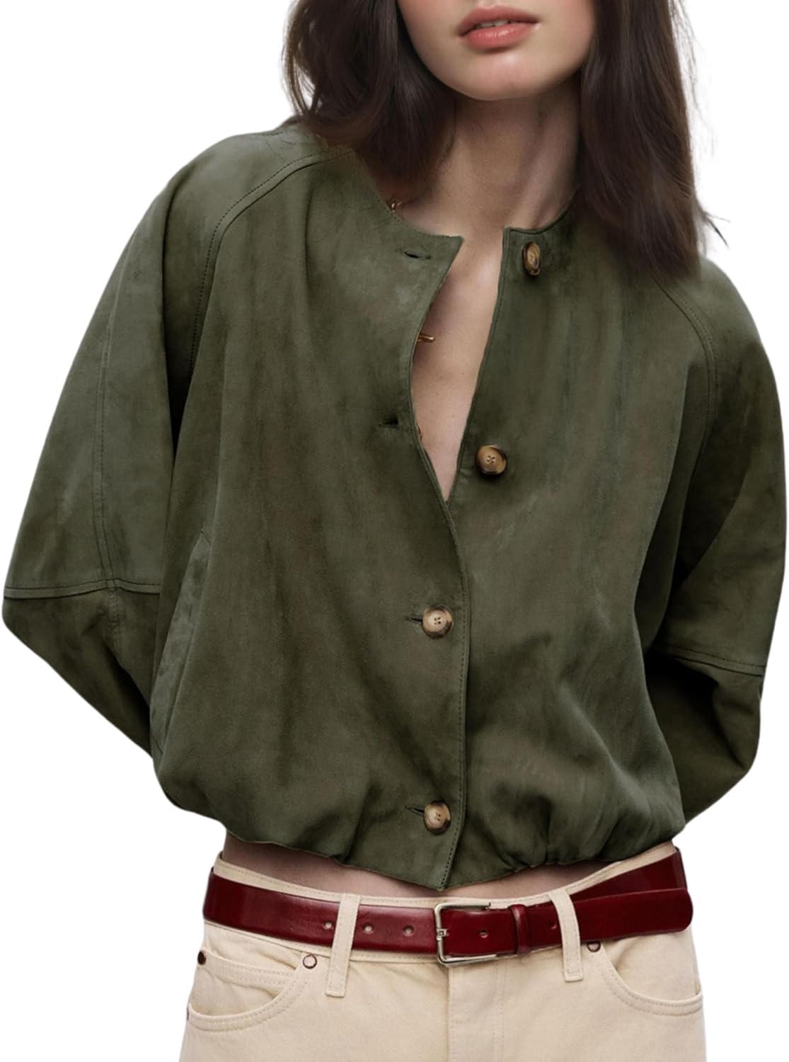 Daacee Women Faux Suede Cropped Jacket Vintage Button Front Round Neck Short Jackets Streetwear Outerwear