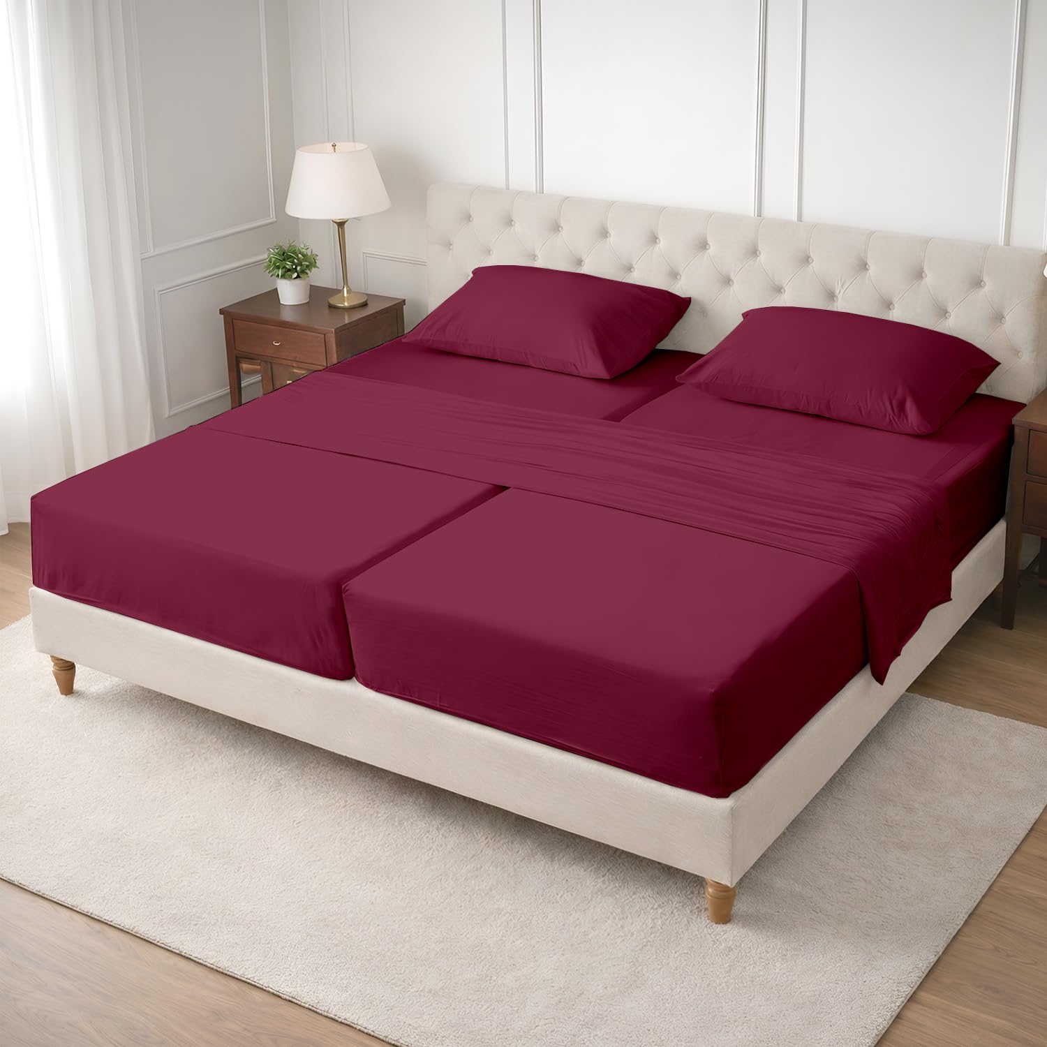 SGI Split King Sheet Set for Adjustable Bed Egyptian Premium Cotton 600 Thread Count Sheets for Sleep Number Bed 15" Deep Pocket 5 Pc Set with 2 Twin XL Fitted Sheets Soft Breathable -Burgundy