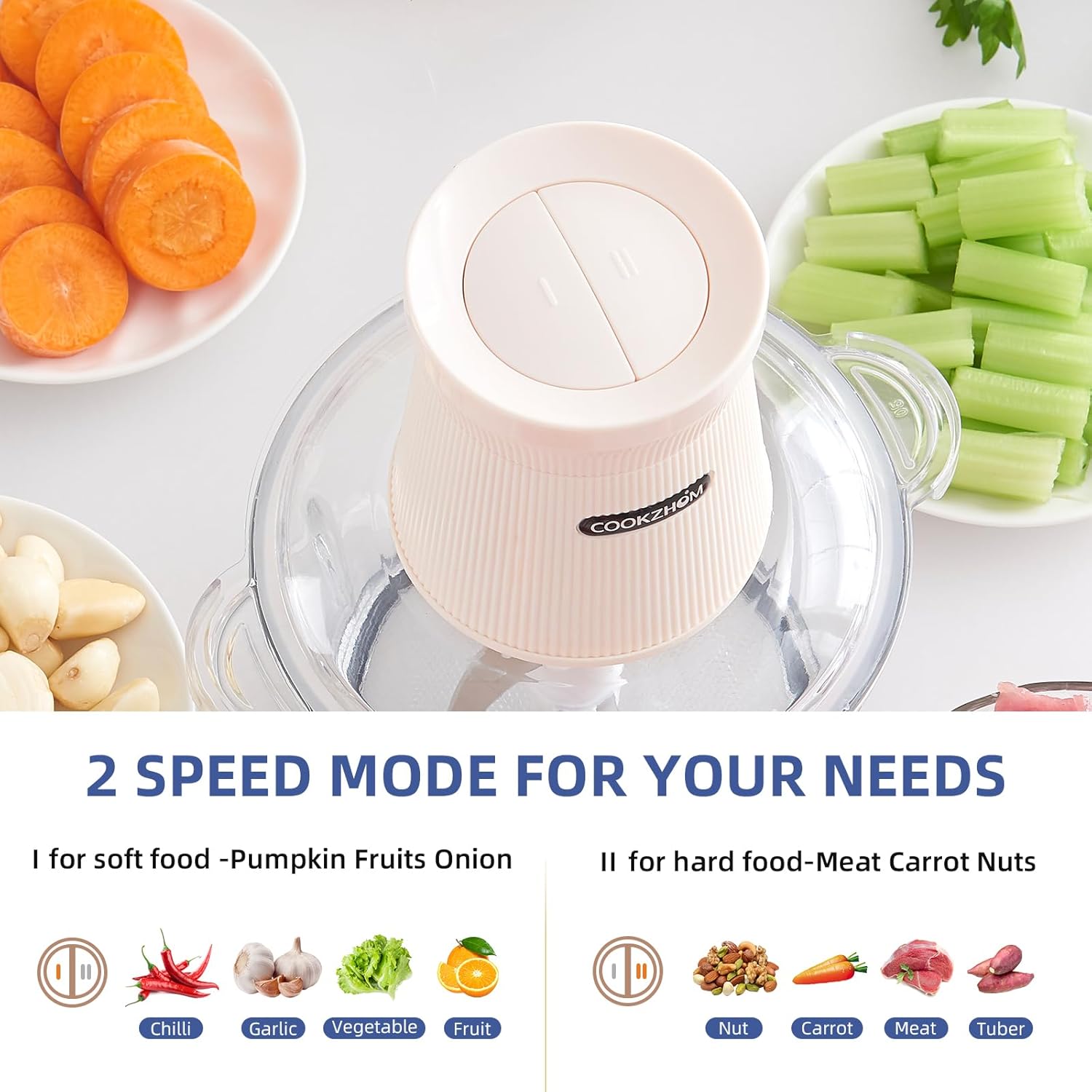 500W Food Processor, White Meat Grinder with Glass Bowl 8 Cup, Electric Food Chopper with 2 Sharp Blade Sets for Meat, Fruits, Vegetables, Baby Food, Nuts, 2 Speed