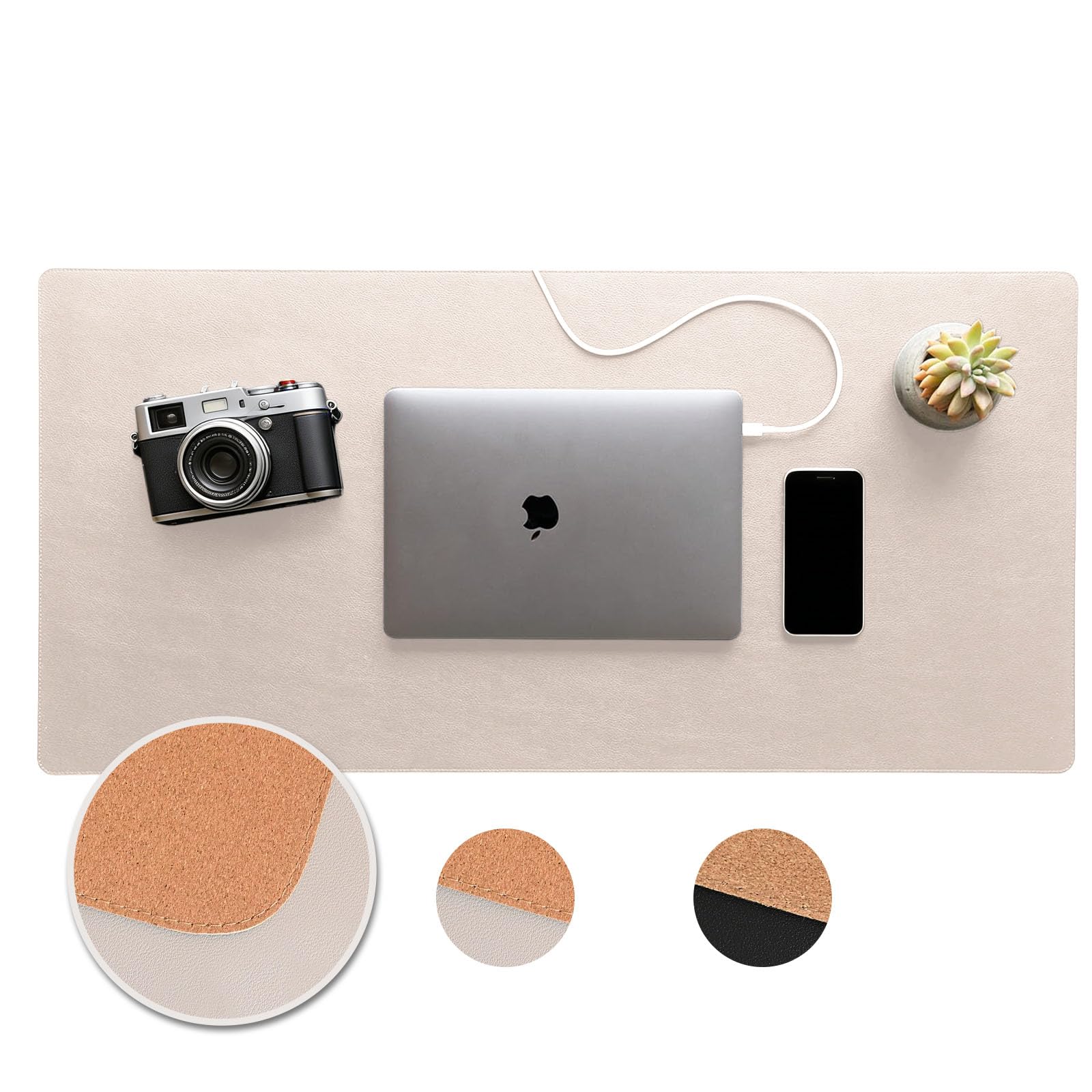 DAWNTREES 90x40 cm Cork Leather Desk Mat - Non-Slip Vegan Leather Desk Pad, Office Desk Protector & Mouse Mat Blotter-Grey