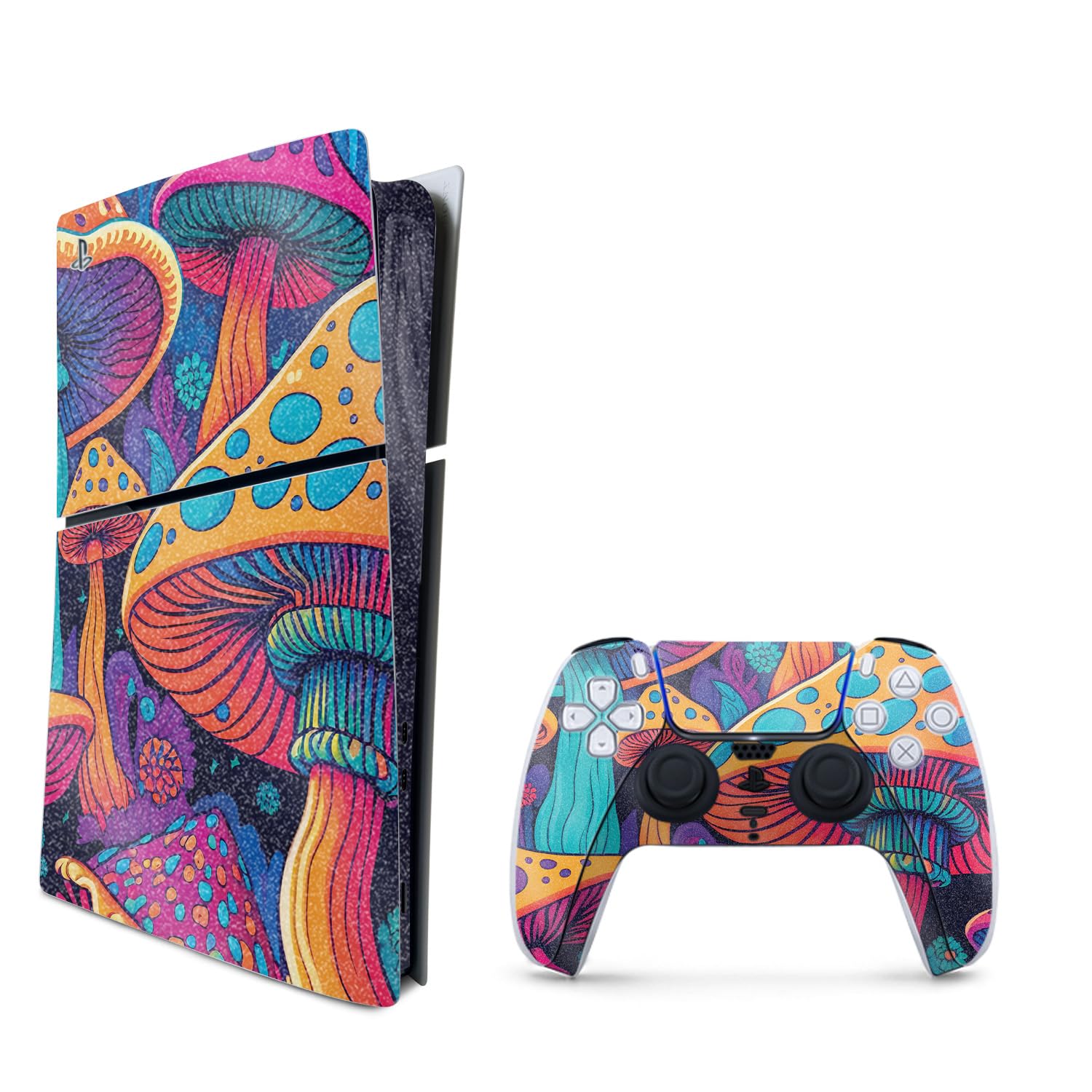 Glossy Glitter Gaming Skin Compatible with PlayStation 5 Slim Digital Edition Combo with Controller - Mushrooms - Premium 3M Vinyl Protective Wrap Decal Cover | Crafted in The USA by MightySkins