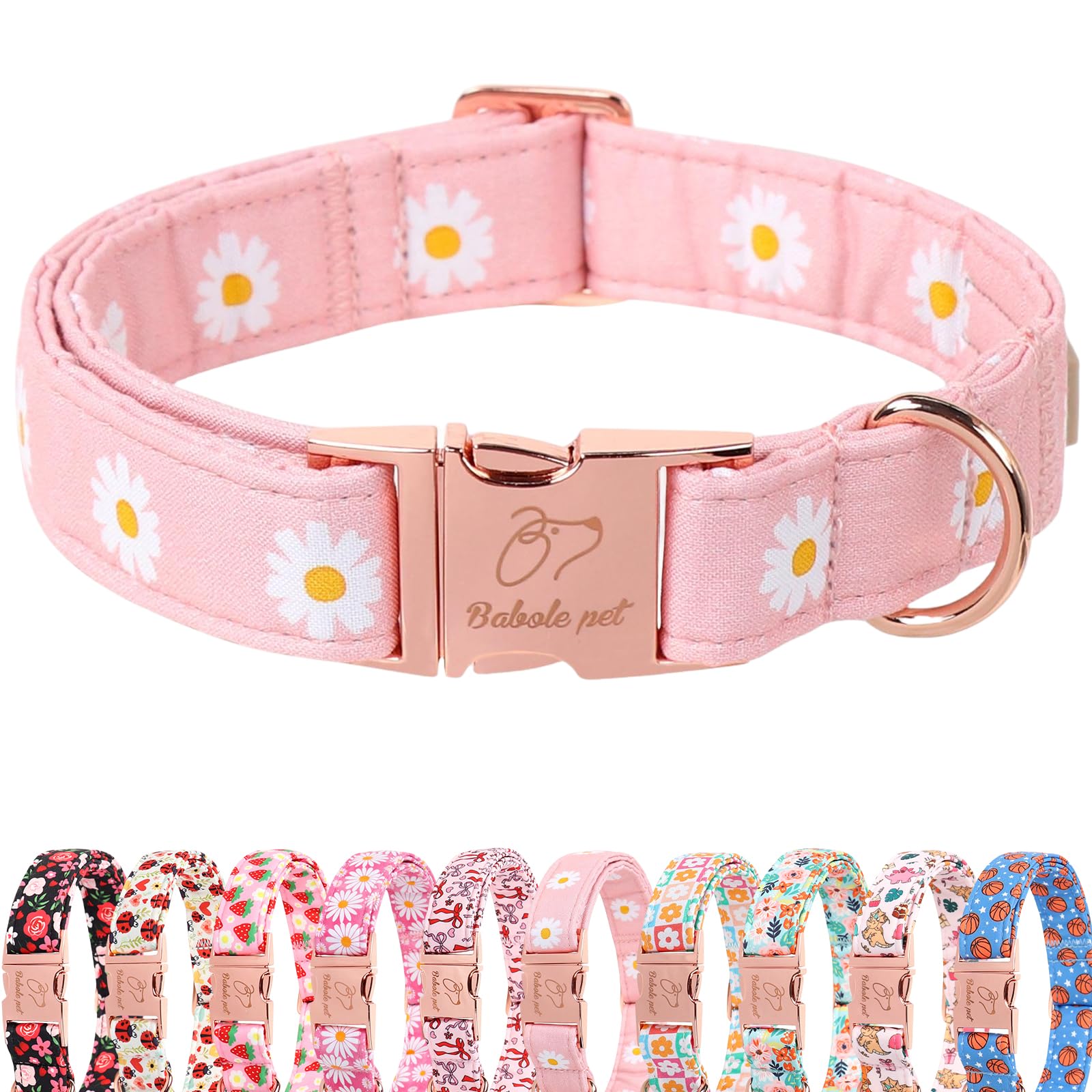 Babole Pet Spring Dog Collar, Cute Pink Daisy Femal Pet Collar with Metal Buckel, Durable Adjustable Designer Dog Collars for Small Medium Large Dogs
