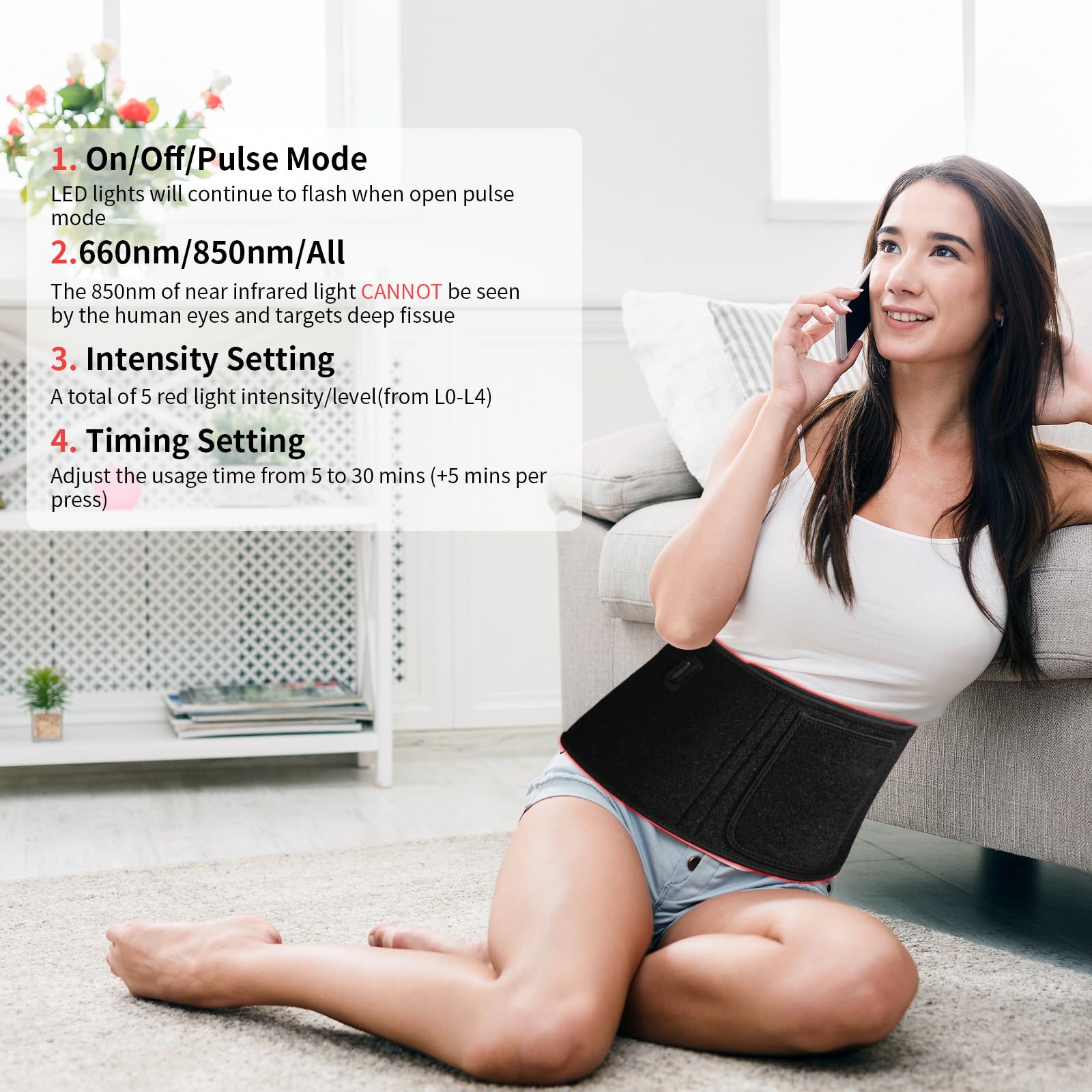 Ceinture à lumière rouge pour corps, 5 modes améliorés 2026 lumière proche infrarouge pour le corps, lampe à haute efficacité LED à double onde (660 nm et 850 nm), personnalisation multi-mode