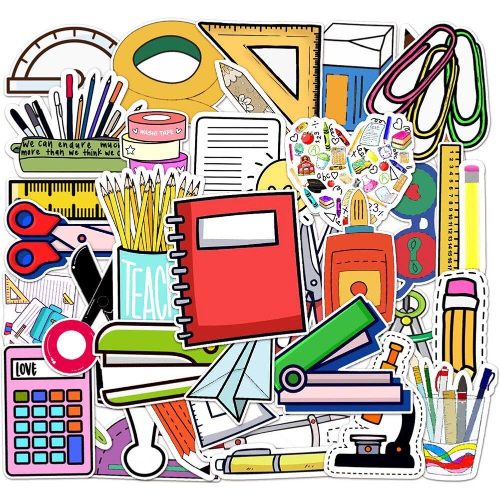 Lpitoy Cartoon Stationery Stickers, 50 Pcs Waterproof Vinyl Stickers Decals For Laptop Phone Suitcase Journal Water Bottles Diary Guitar Scrapbook Bike