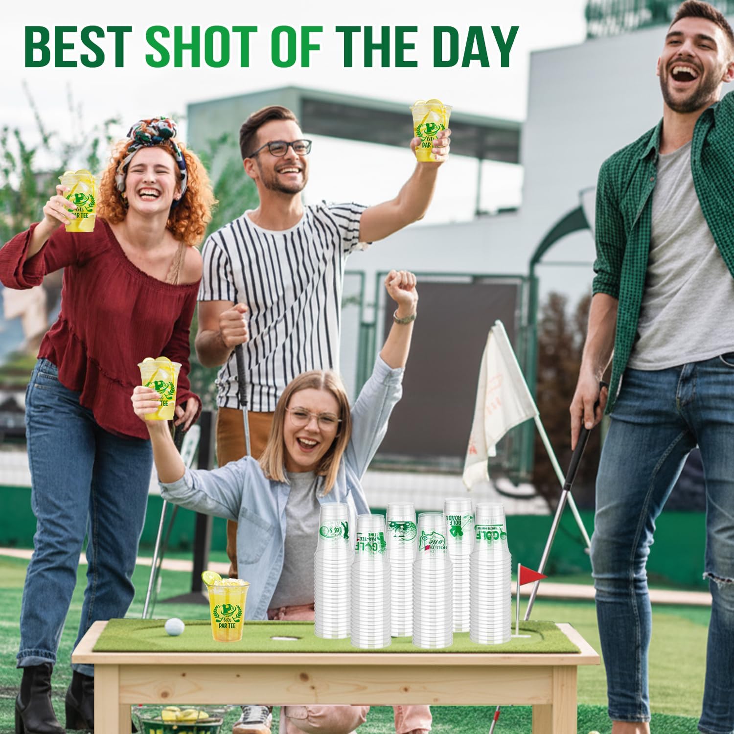120 16 Oz Golf Disposable Plastic Cup Transparent Green Lightweight Classic Round for Home Golf Themed Holiday Birthday Bachelor Party Tournament Country Club Event Favor Supply Decoration