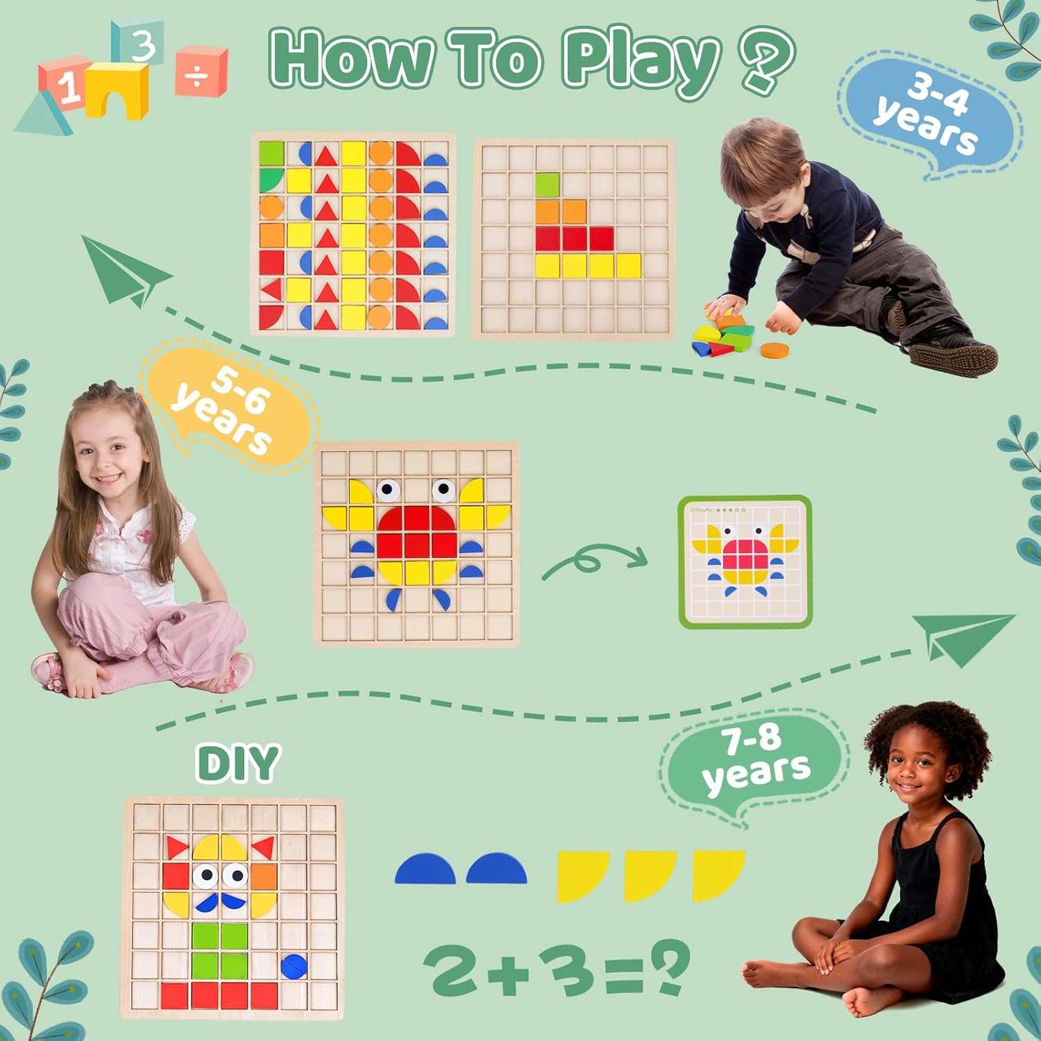Wooden Pattern Blocks 142PCS Montessori Mosaic Puzzle Geometric Shapes Tangrams for Kids with Storage Bag, Following Cards, and Grid Board, Gifts for Boys Girls Ages 3+