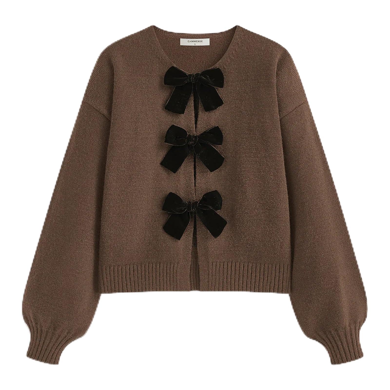 Womens Y2k Tie Front Cardigan Sweaters Bow Tie Long Sleeve Crew Neck Loose Crop Knitted Fall Winter Sweater