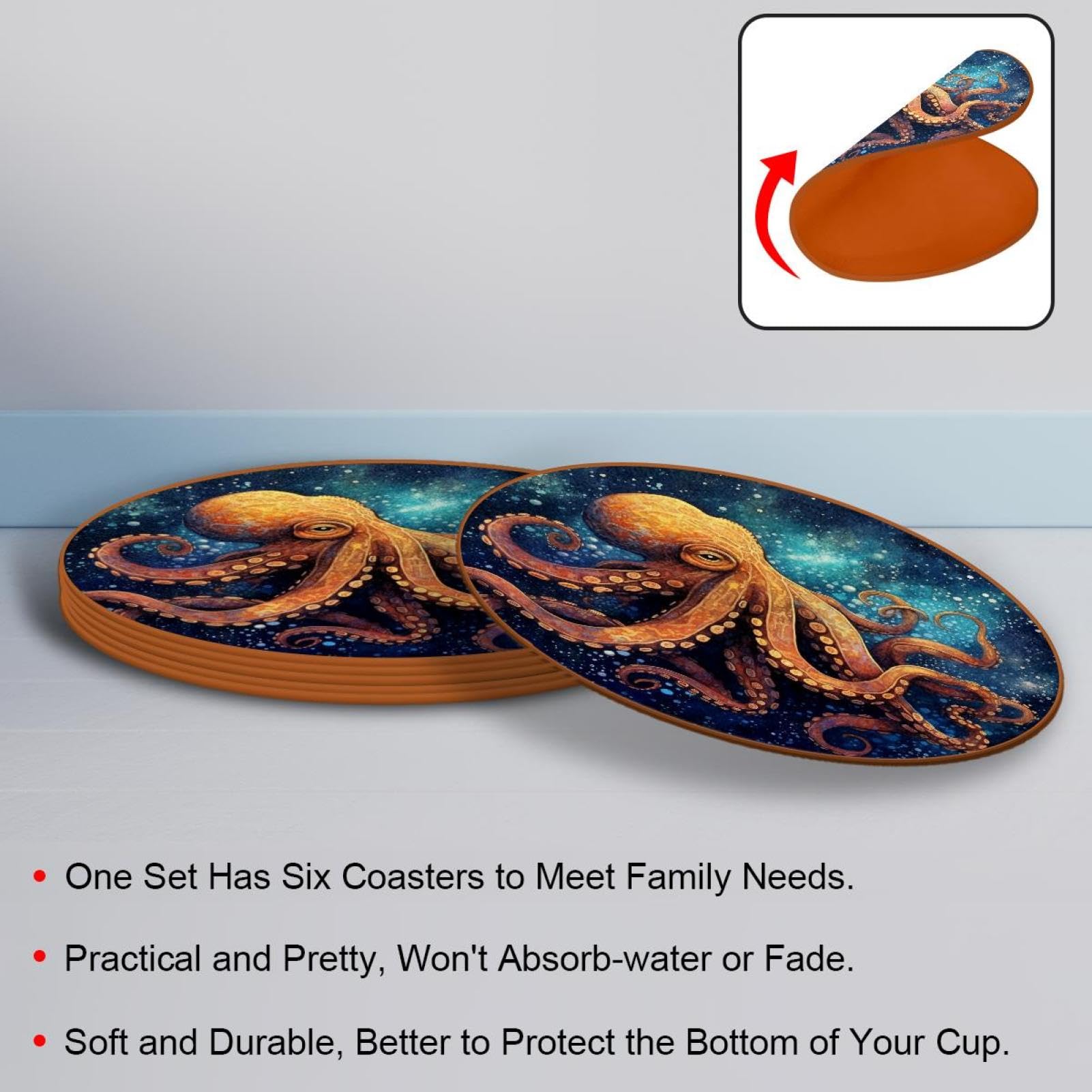 Cartoon-Galaxie-Oktopus-Untersetzer für Getränke, 6 Stück, Tisch-Schutzmatte für Weingläser, Tassen und Tassen, wiederverwendbar im Büro, Küche, Bar, 10,9 cm