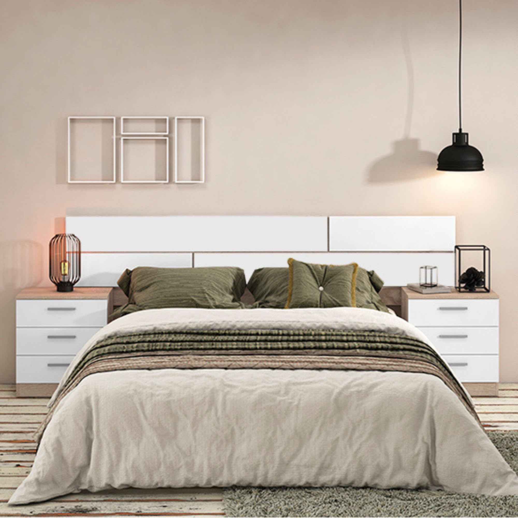 Meyvaser Ensemble tête de lit et 2 tables de chevet, chambre double, chambre complète, finition en cambria et blanc, 220 cm (largeur) x 50 cm (hauteur) x 35 cm (profondeur)