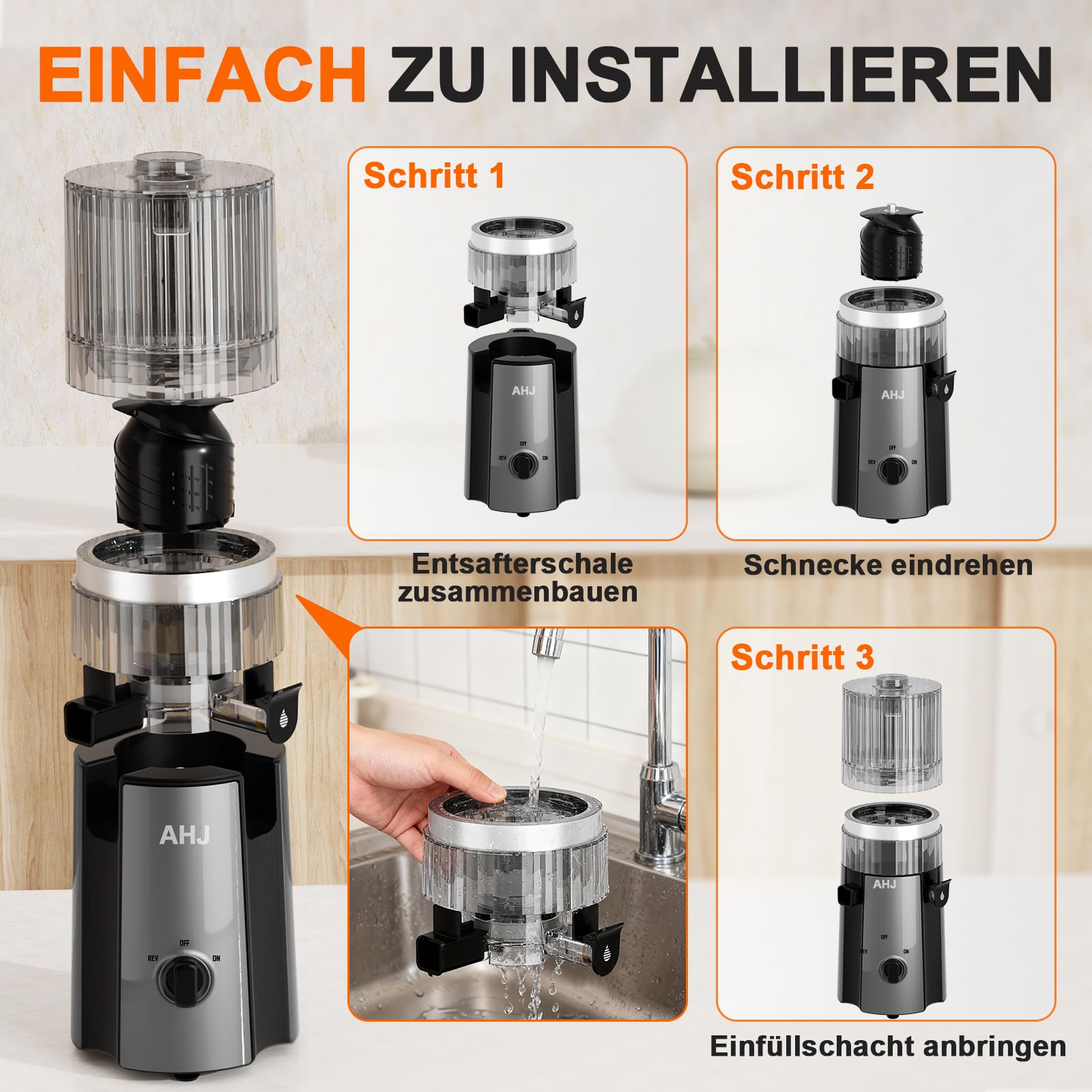 AHJ Entsafter Slow Juicer, 135mm Große Einfüllöffnung,100% BPA-frei, Kaltentsafter für Ganzes Obst & Gemüse, Einfach zu Reinigen,2 Trinkgläser Inklusive, Ideal als Hochzeits- und Geburtstagsgeschenk