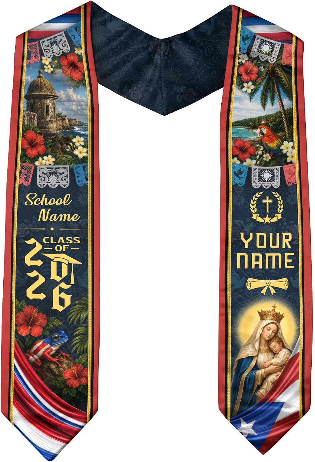 Custom Puerto Rico American Flag Graduation Sash, Class of 2026, Graduation Stole Puerto Rico